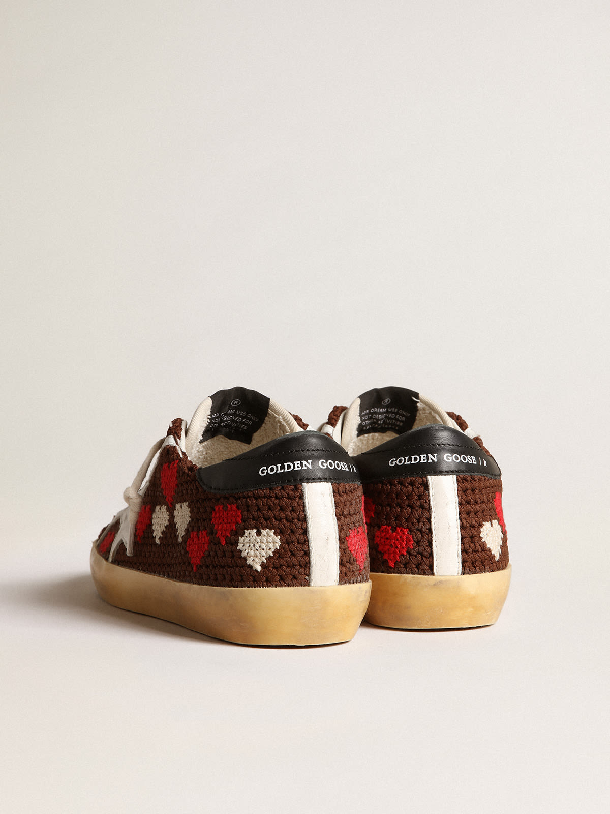 Golden Goose - Super-Star in brown crochet with embroidered hearts and white star in 