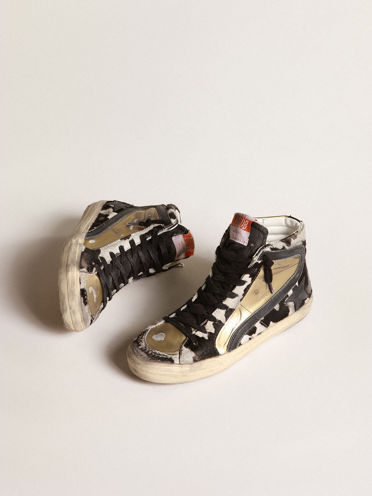 Golden Goose - Women’s Slide LAB in zebra-print pony skin with gold inserts in 