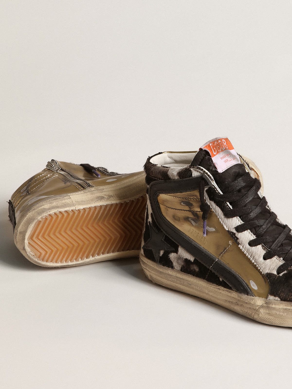 Golden Goose - Women’s Slide LAB in zebra-print pony skin with gold inserts in 