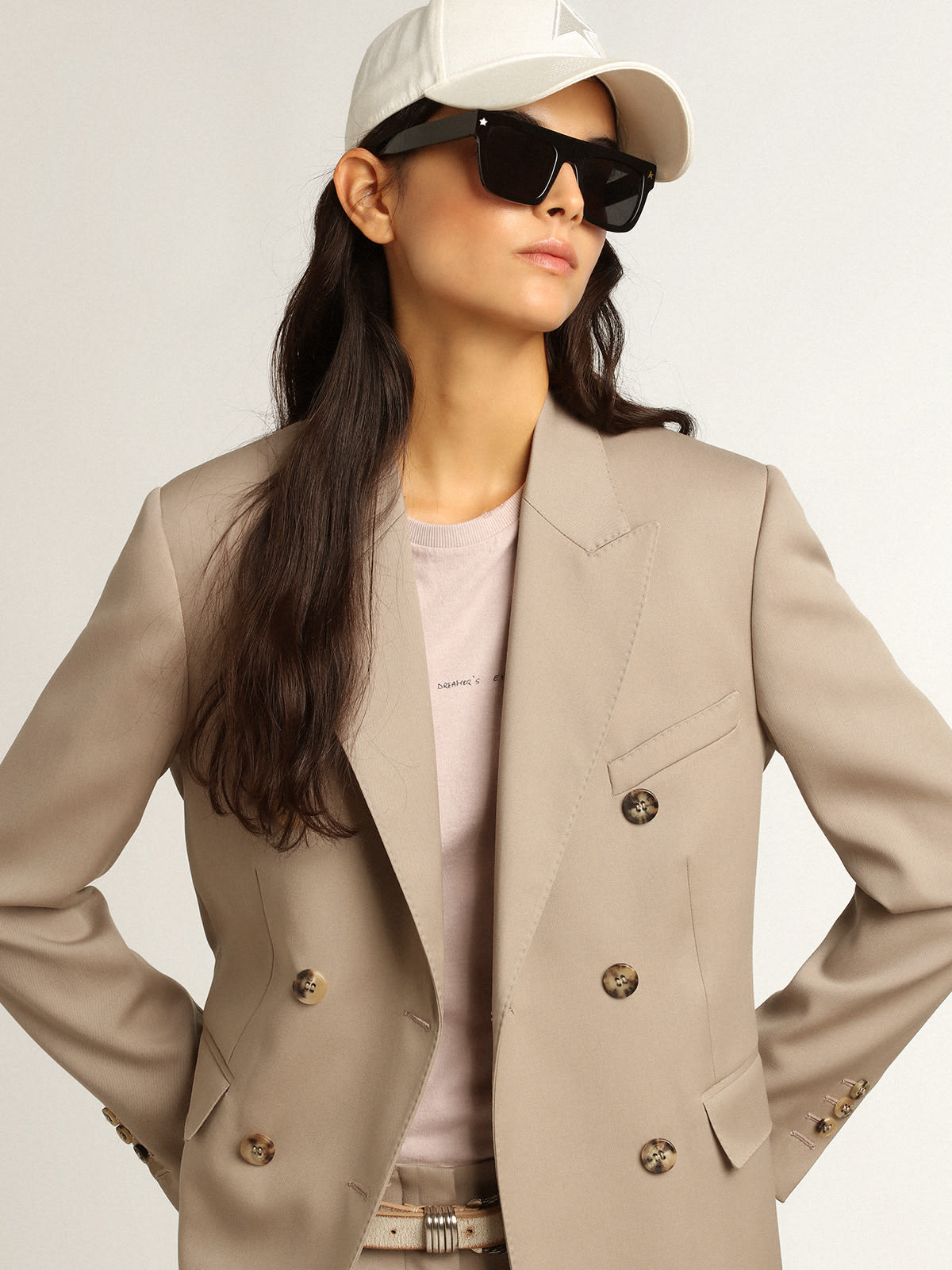 Women's double-breasted blazer in sand with gold heraldic buttons