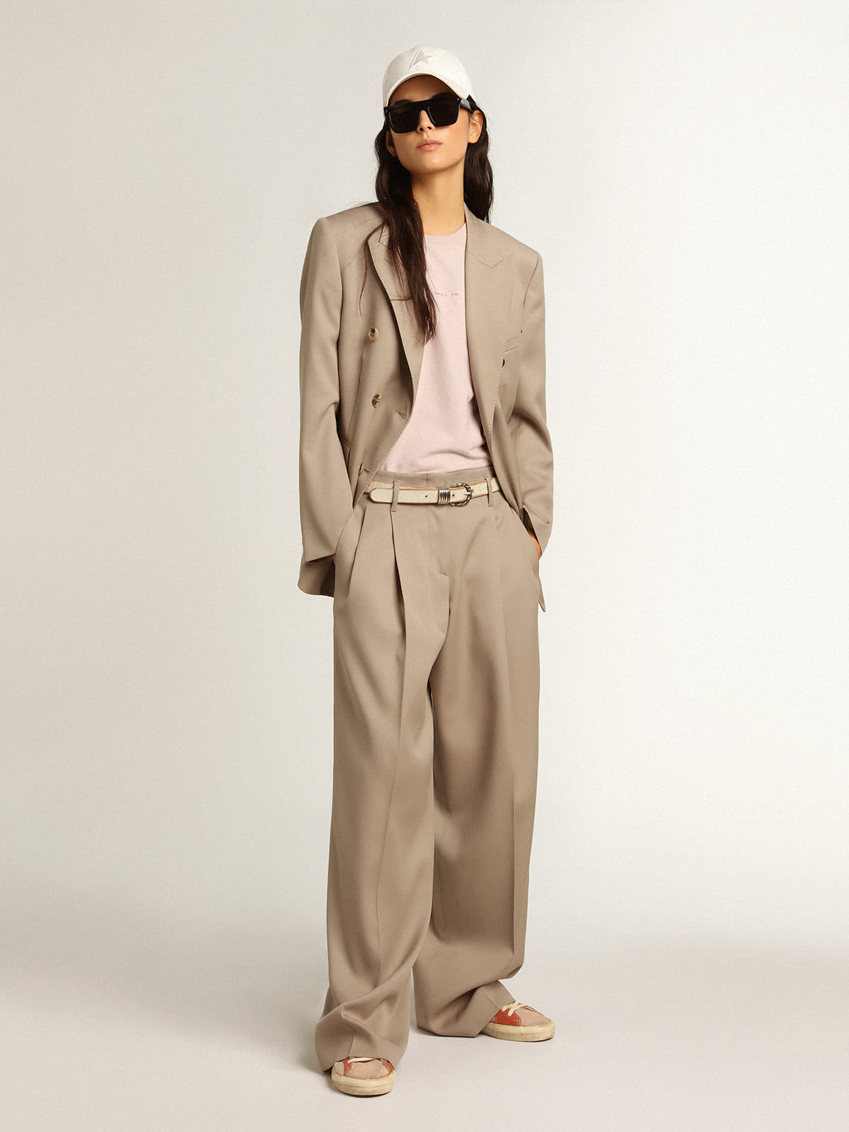 Pants in light beige wool gabardine