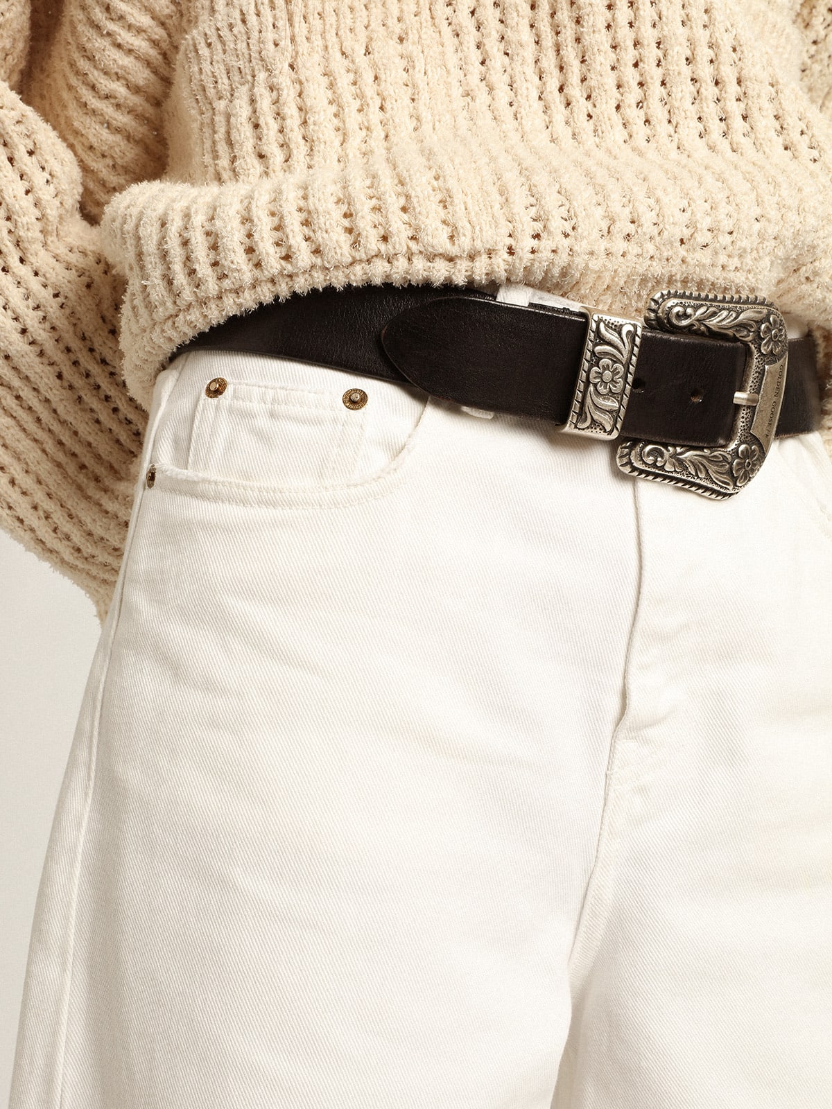 Golden Goose - Pantalone jeans gamba larga in bull denim color bianco in 
