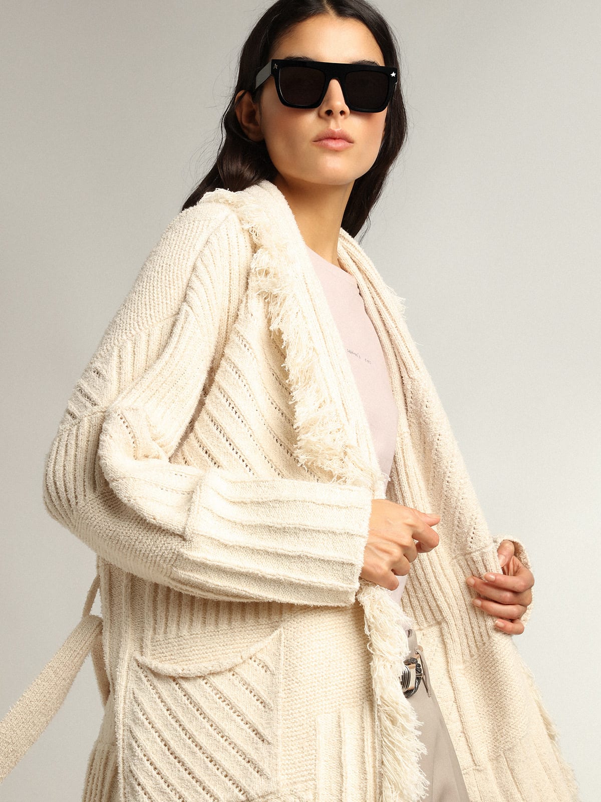 Golden Goose - Belted cardigan in papyrus-colored cotton  in 