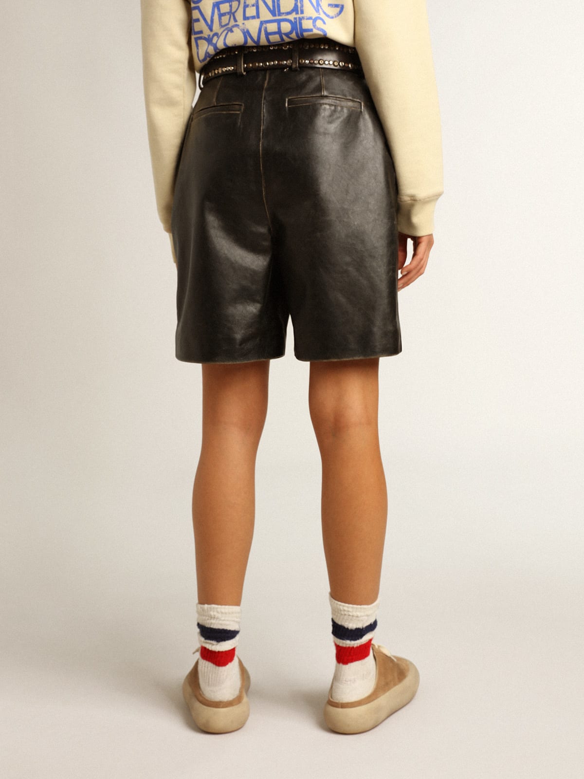 Golden Goose - Black leather Bermuda shorts with lived-in effect in 