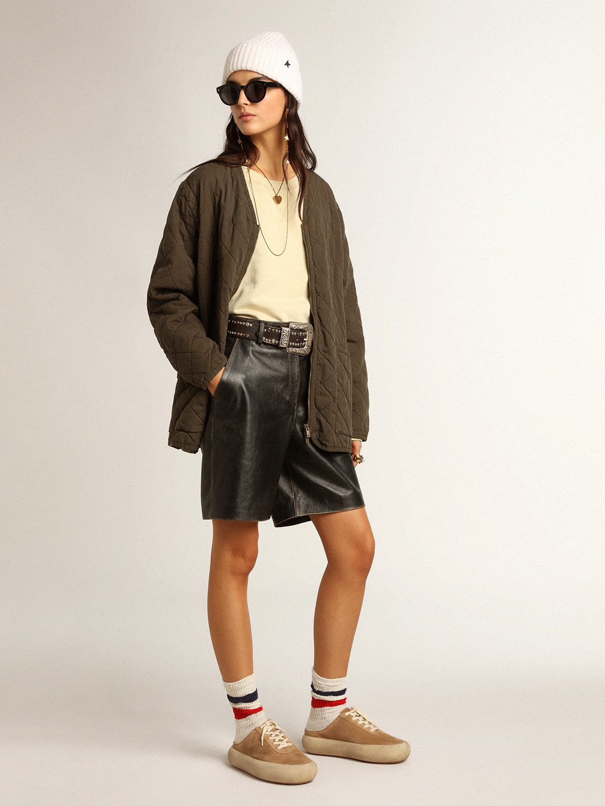 Golden Goose - Black leather Bermuda shorts with lived-in effect in 