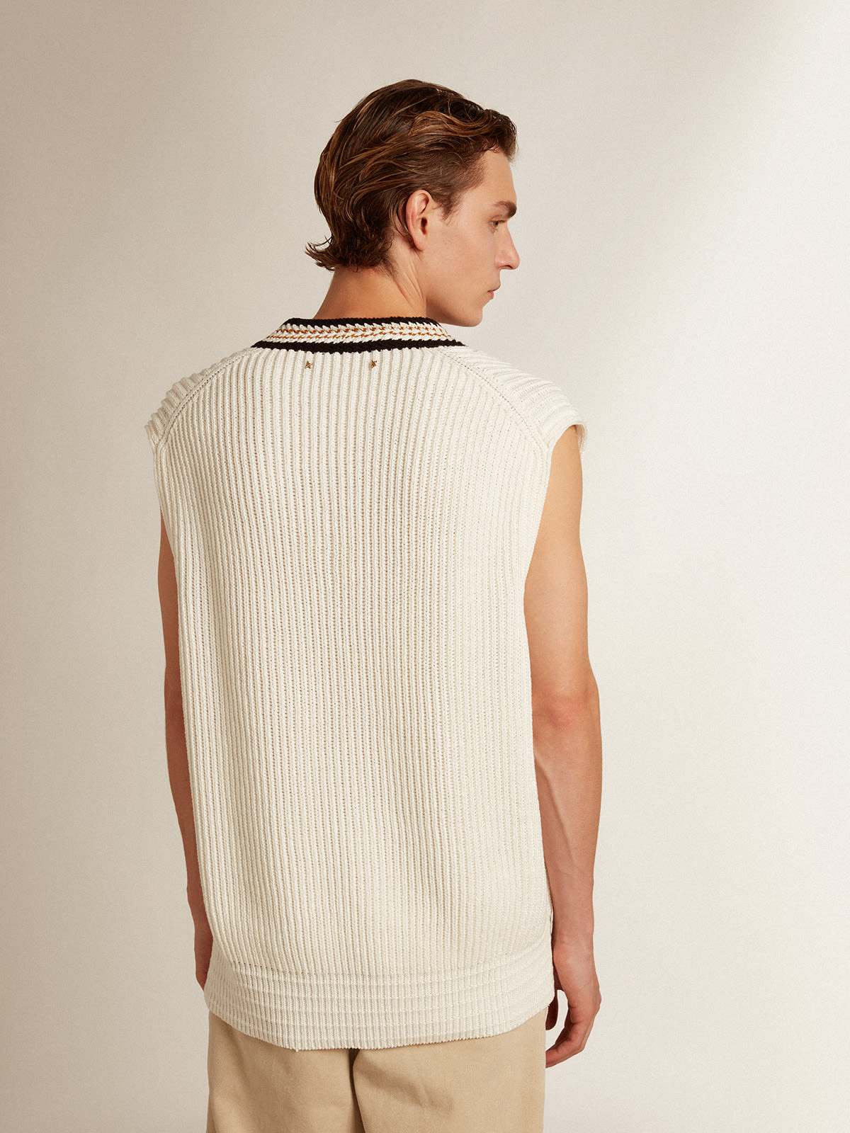 Golden Goose - V-neck vest in papyrus-colored cotton yarn in 