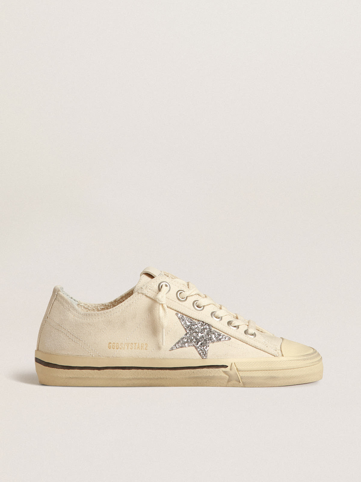 Golden Goose - V-Star in canvas beige con stella in glitter argento in 