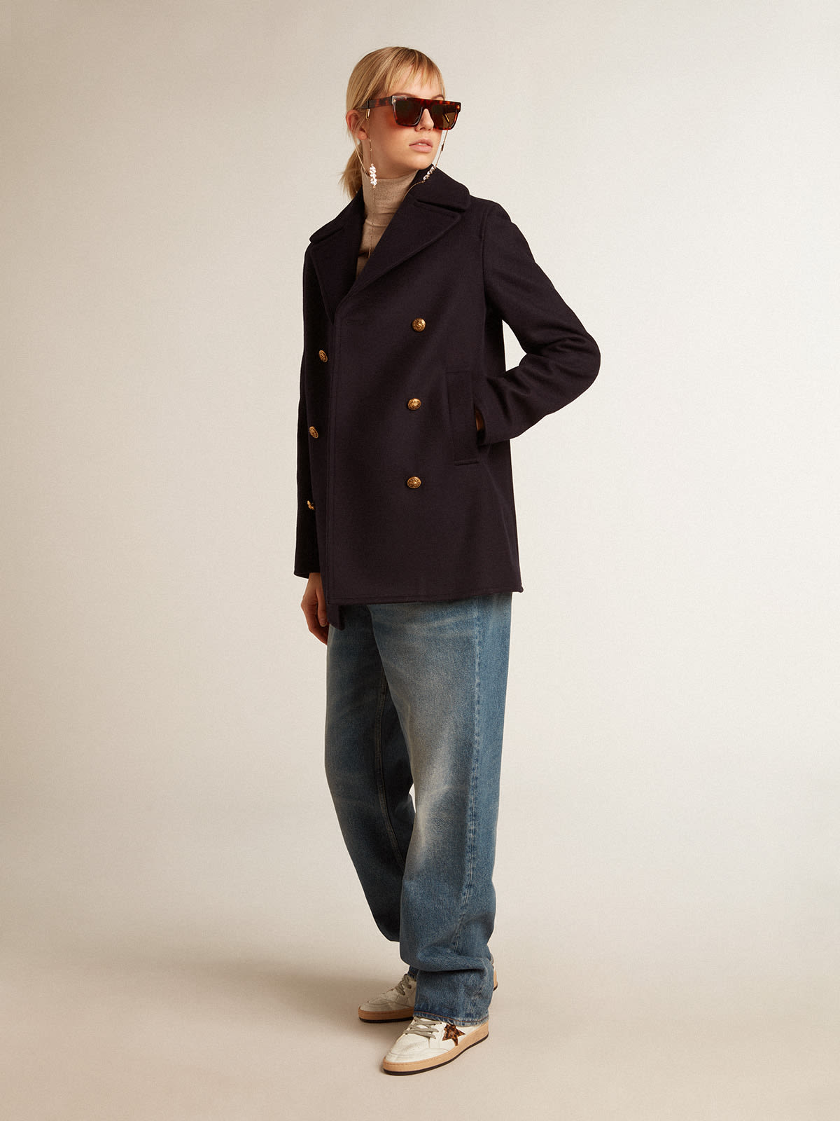Golden Goose - Women’s dark blue peacoat with gold-colored heraldic buttons in 