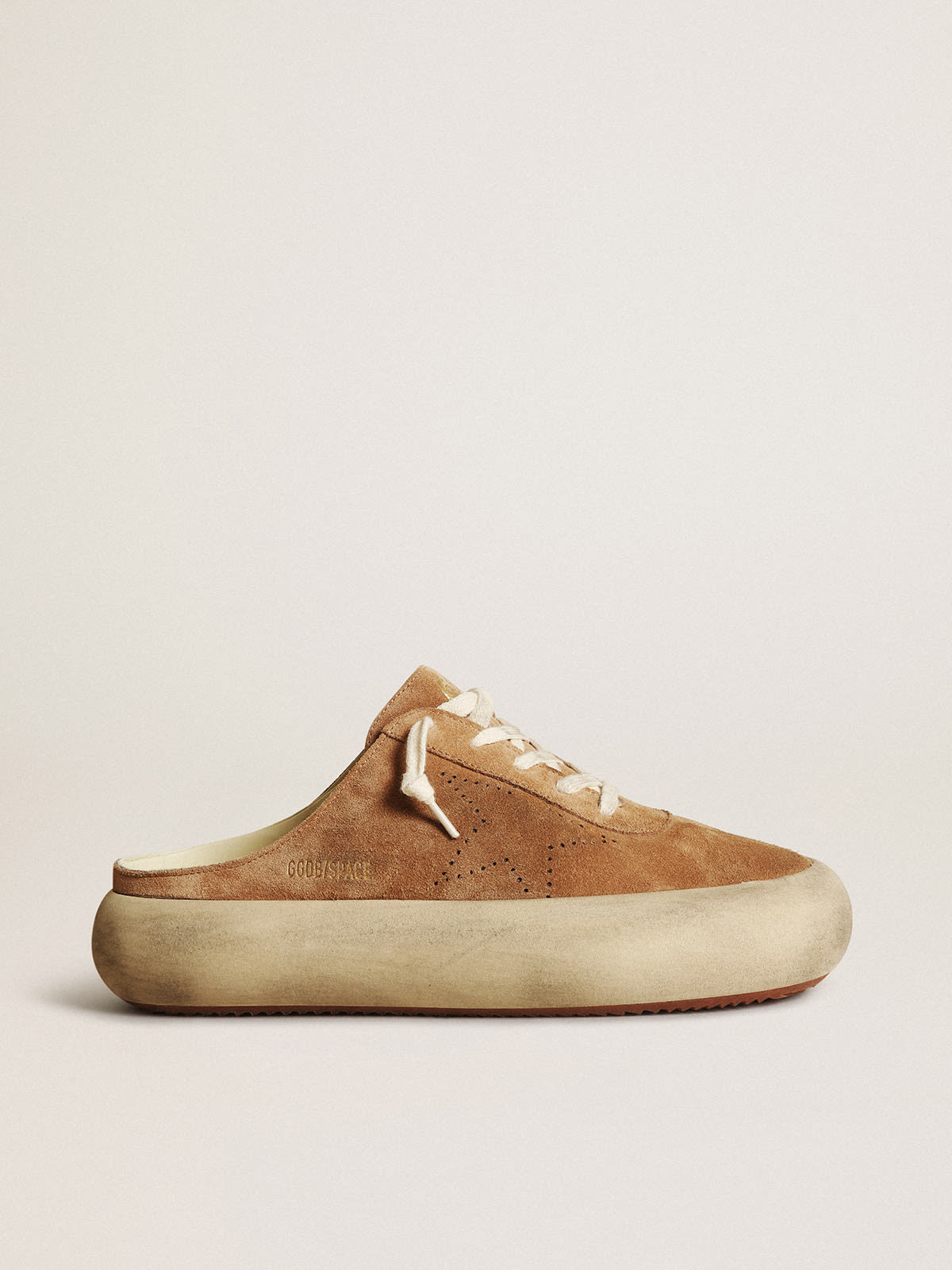 Golden Goose - Women's Space-Star Sabots in tobacco-colored suede with perforated star in 