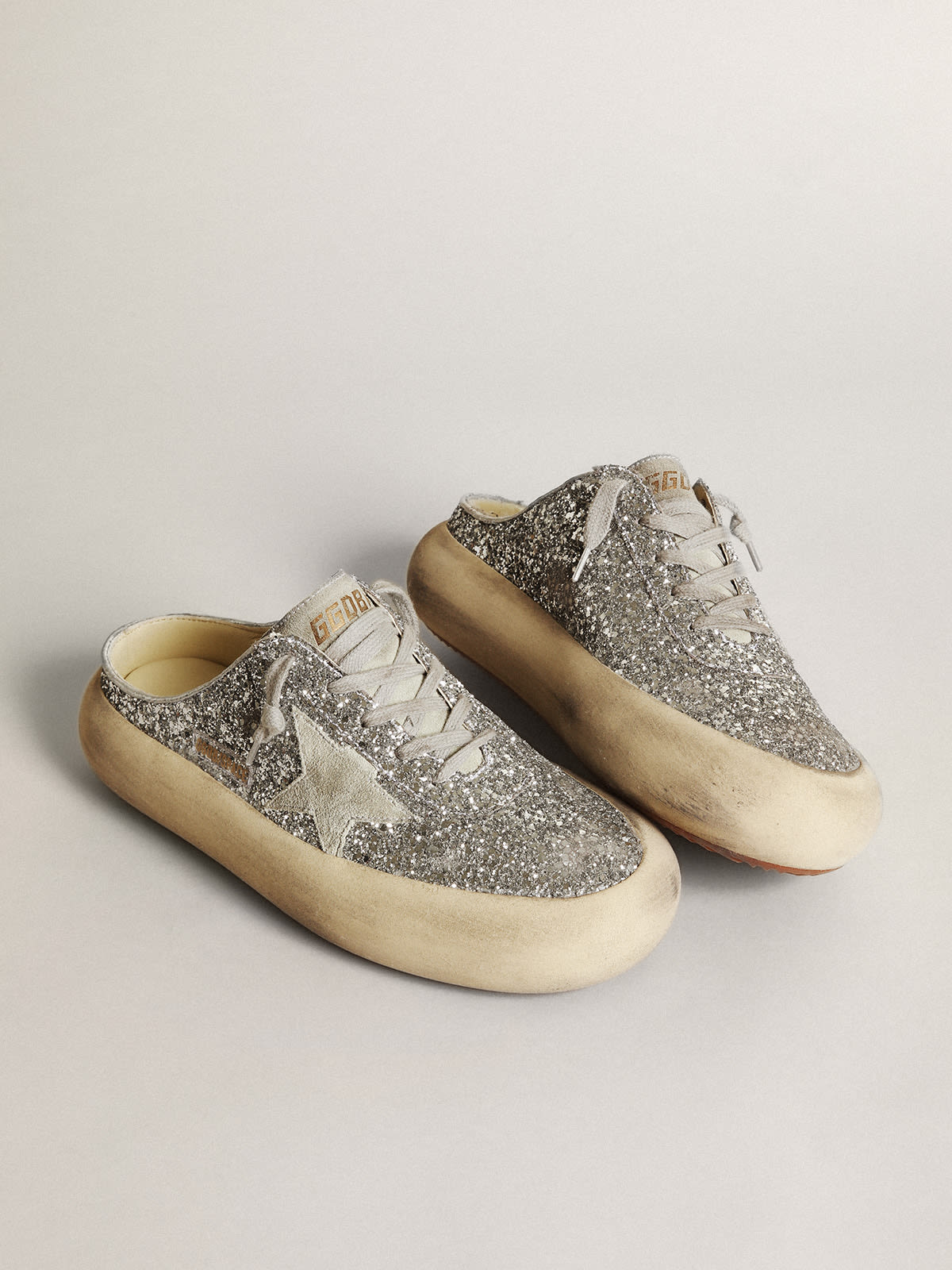 Golden Goose - Space-Star Sabots in silver glitter with ice-gray suede star and tongue in 