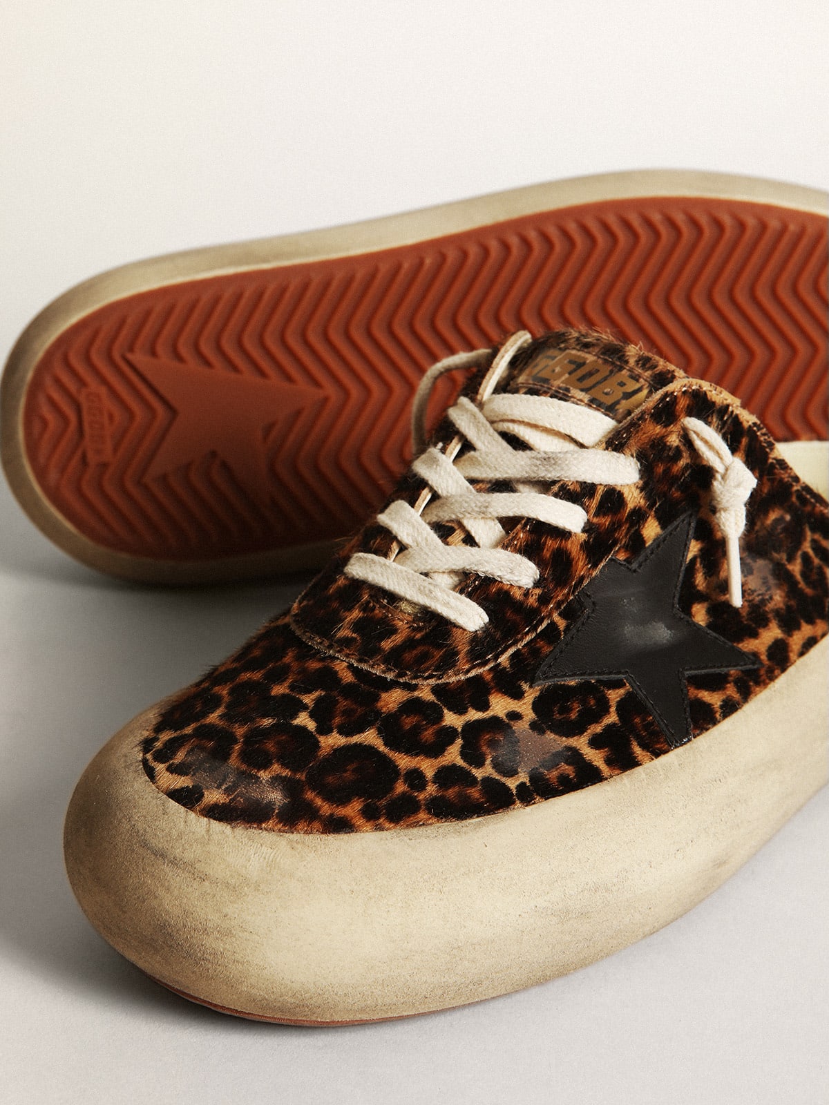 Golden Goose - Women's Space-Star Sabot in leopard print pony skin with black star in 