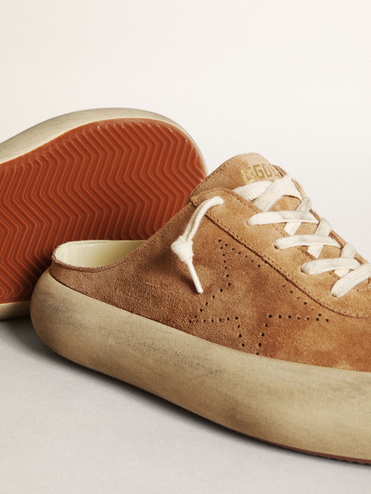 Golden Goose - Women's Space-Star Sabot in tobacco-colored suede with perforated star in 