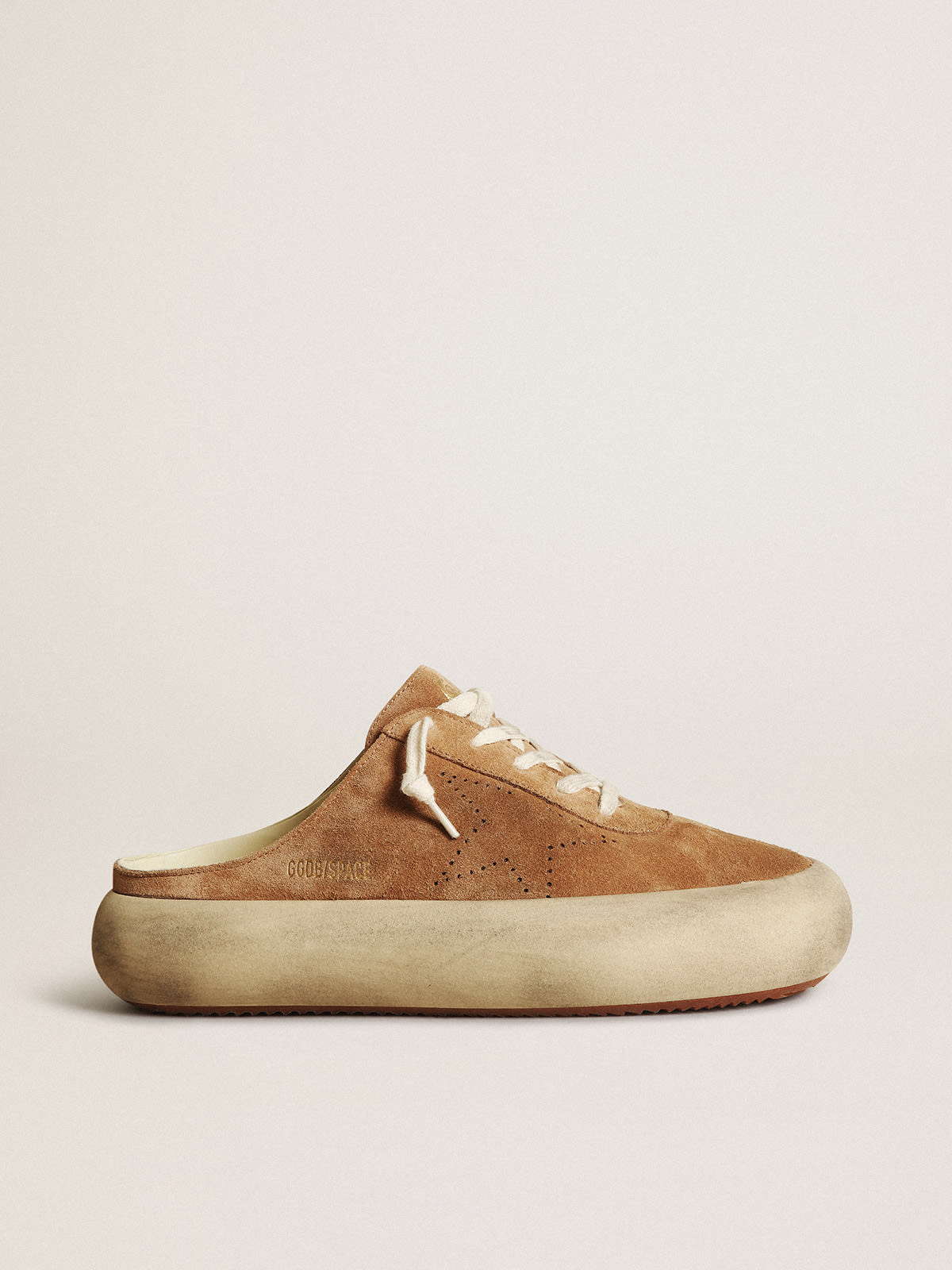 Women's Space-Star Sabot in tobacco-colored suede with perforated