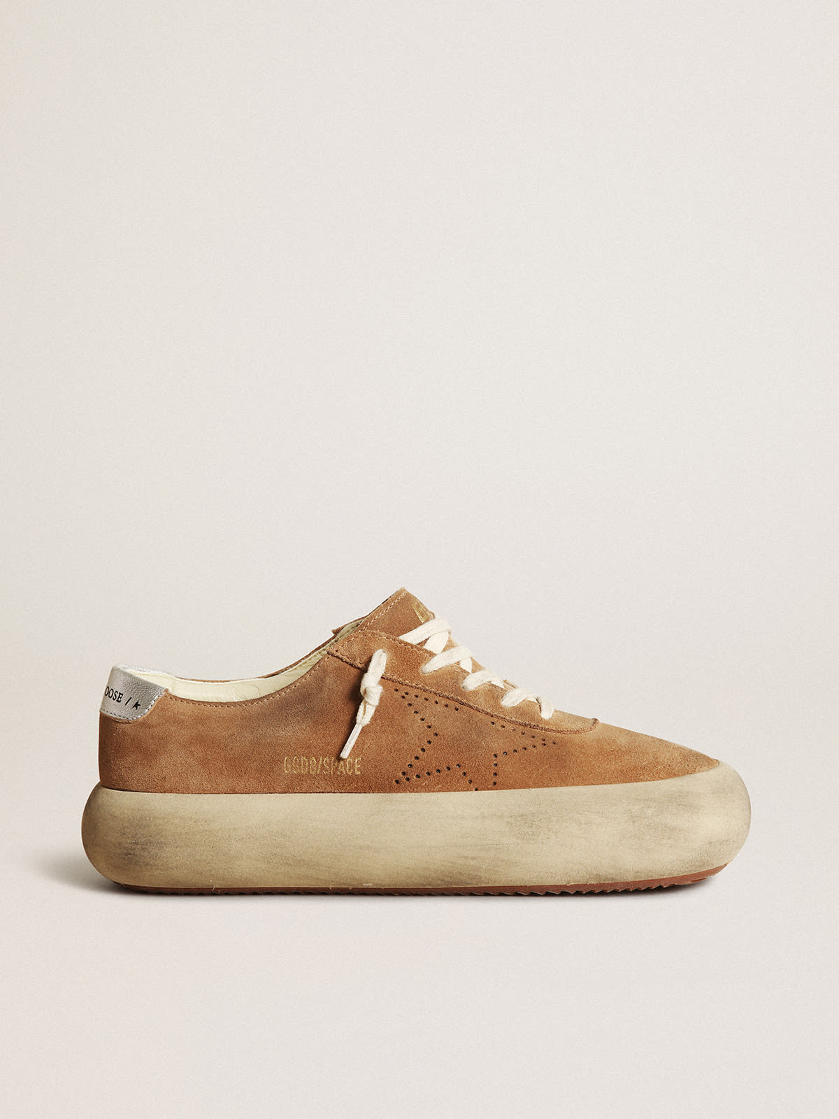 Golden Goose - Women's Space-Star shoes in tobacco-colored suede with perforated star and silver metallic leather heel tab in 