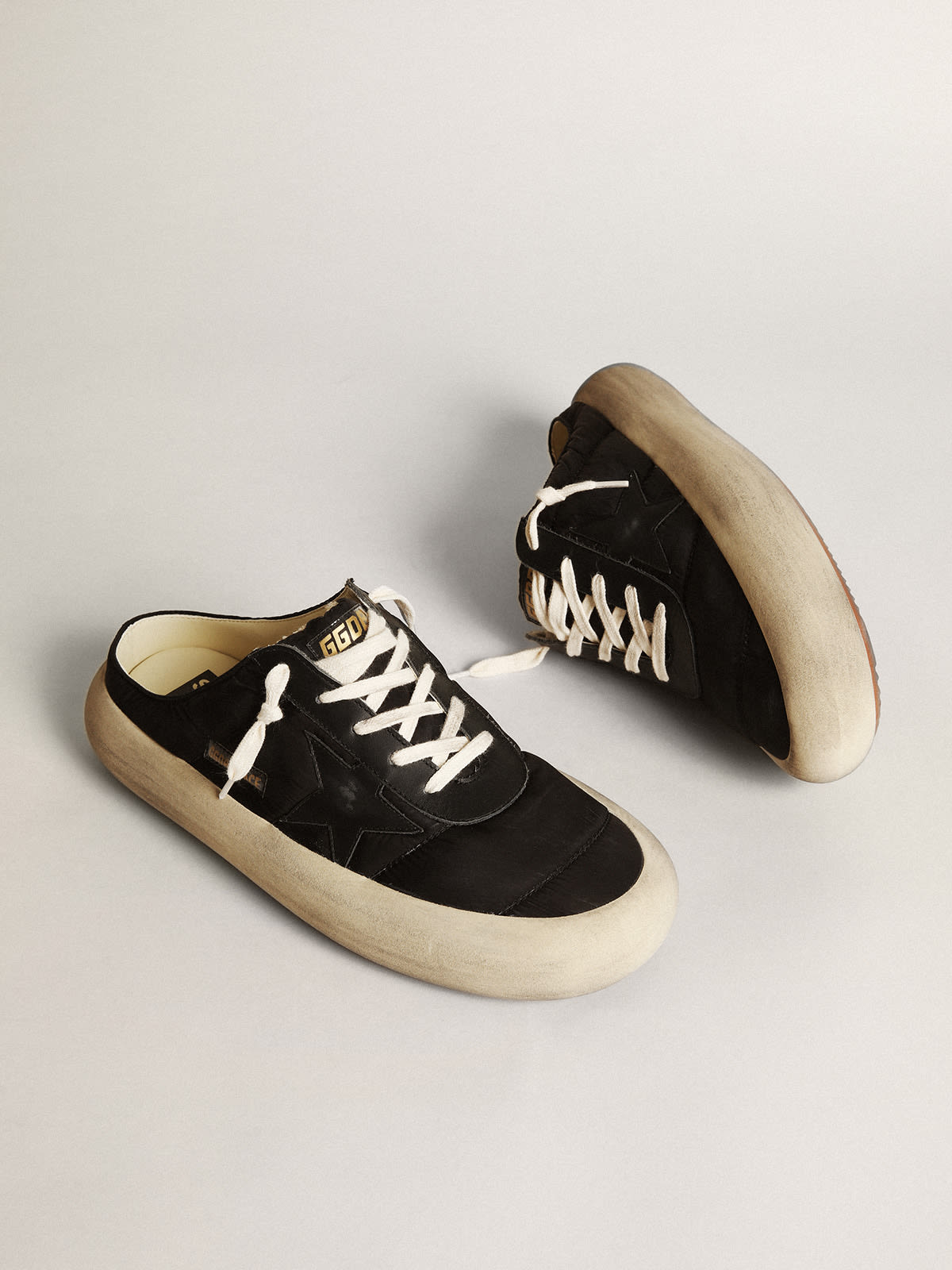 Golden Goose - Men's Space-Star Sabots in black nylon with black leather star in 