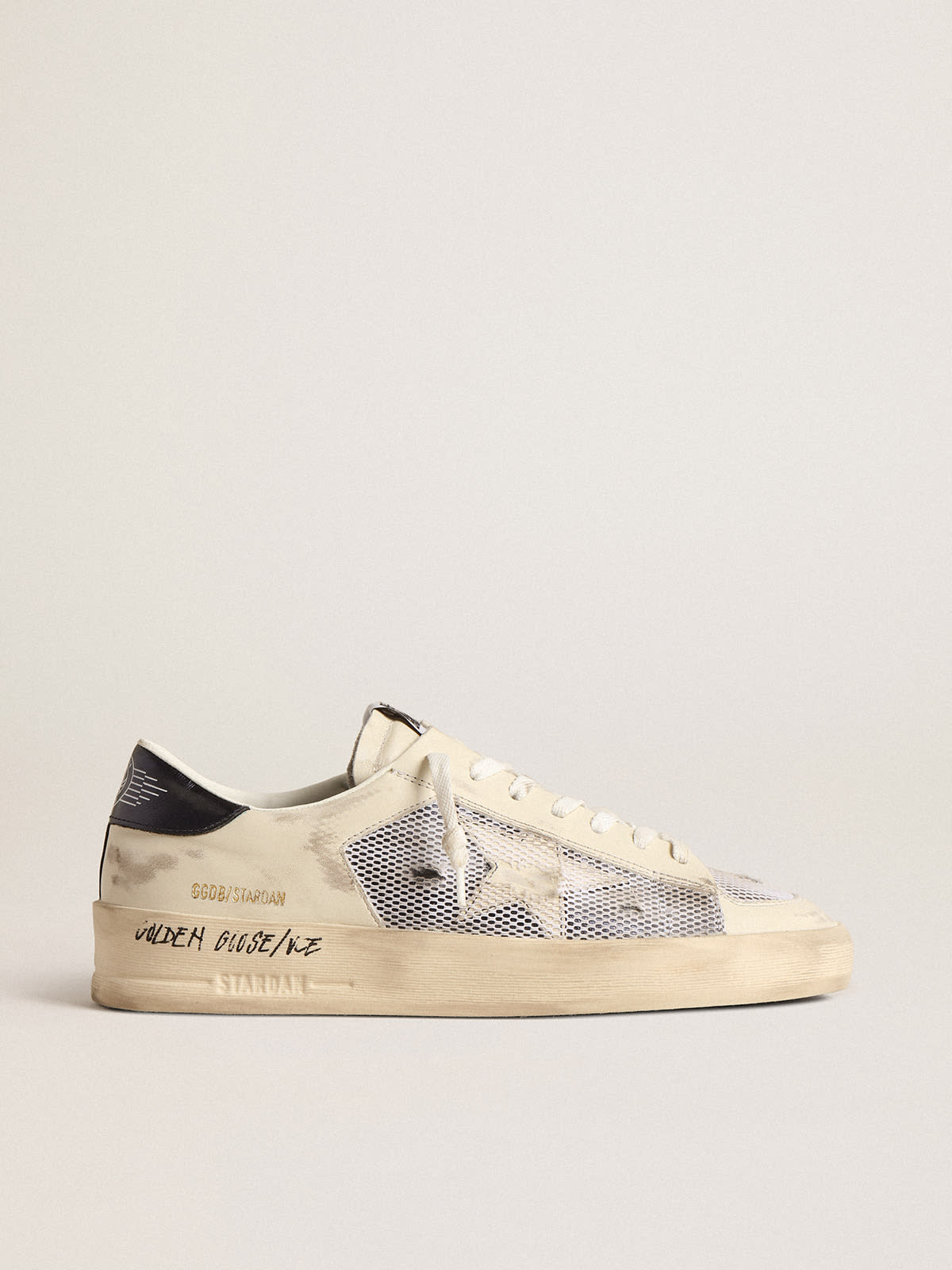 Golden Goose - Stardan in white leather and mesh with blue metallic heel tab in 