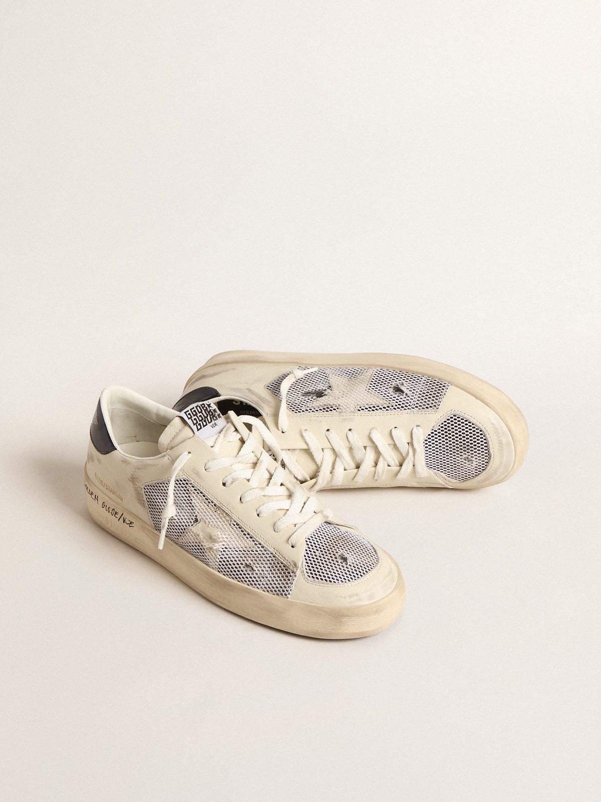 Golden Goose - Stardan in white leather and mesh with blue metallic heel tab in 