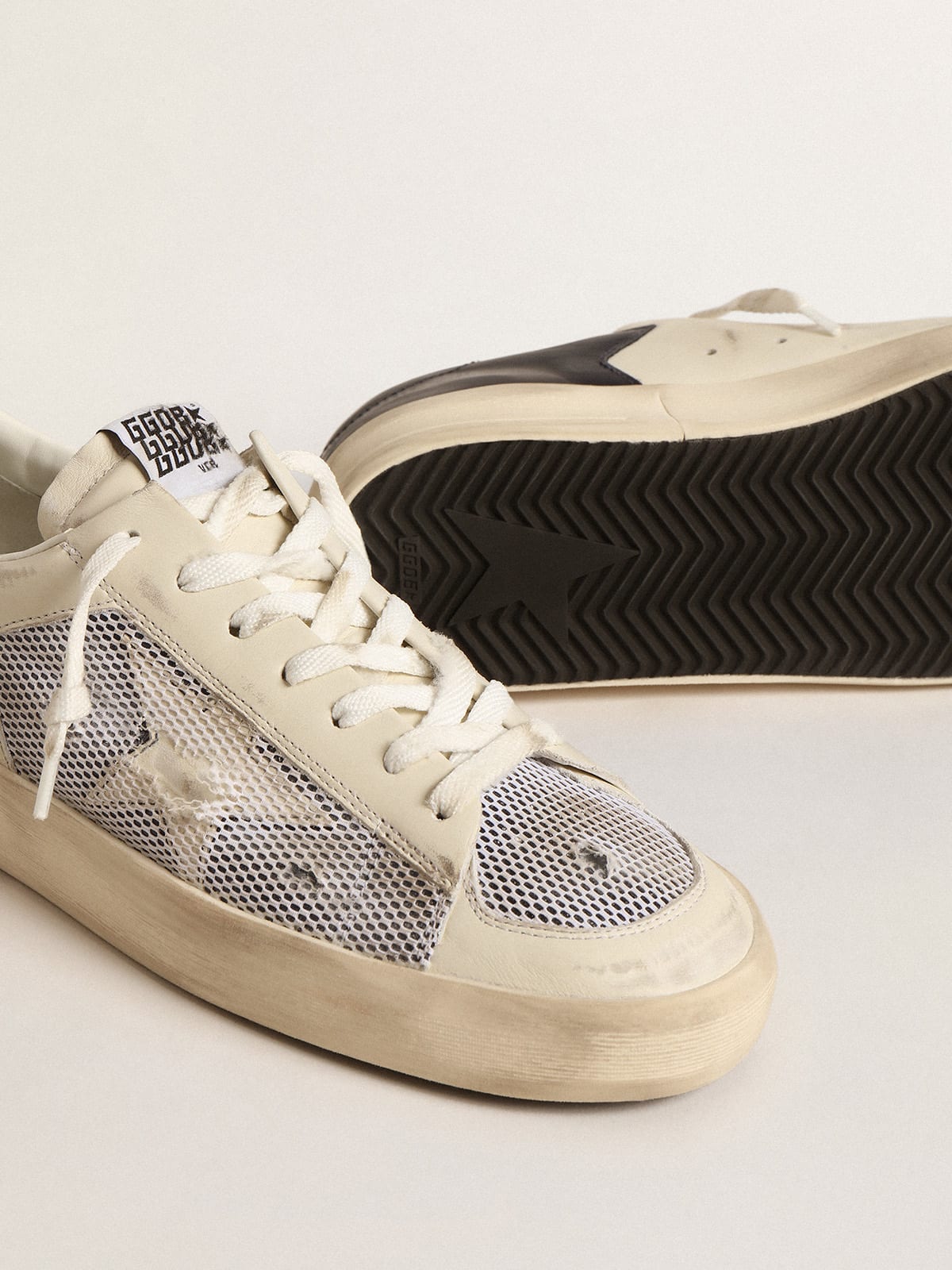 Golden Goose - Stardan in white leather and mesh with blue metallic heel tab in 