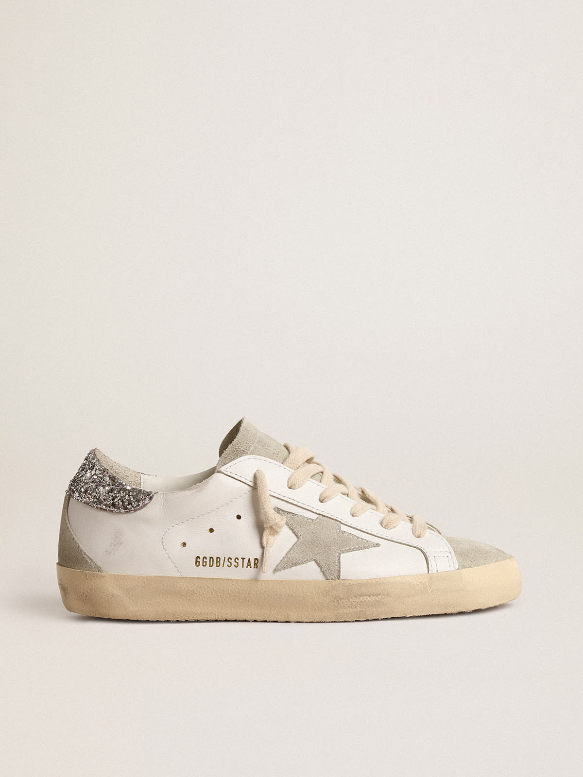 Super-Star with gray star and silver glitter heel tab | Golden Goose