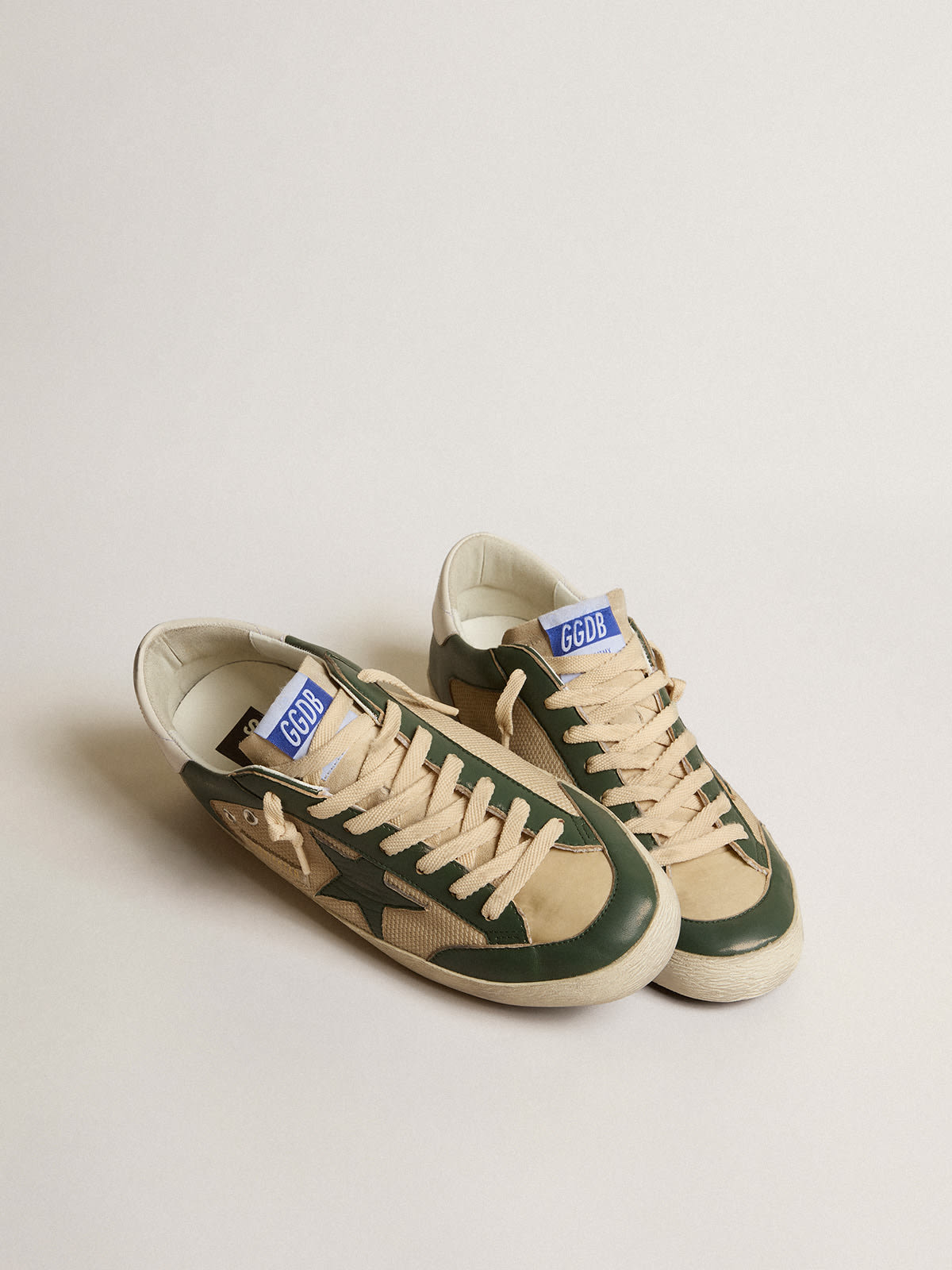 Golden Goose - Super-Star LTD in cream mesh and green nappa with nappa star in 
