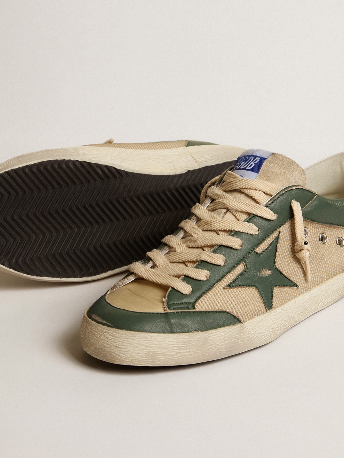 Golden Goose - Super-Star LTD in cream mesh and green nappa with nappa star in 