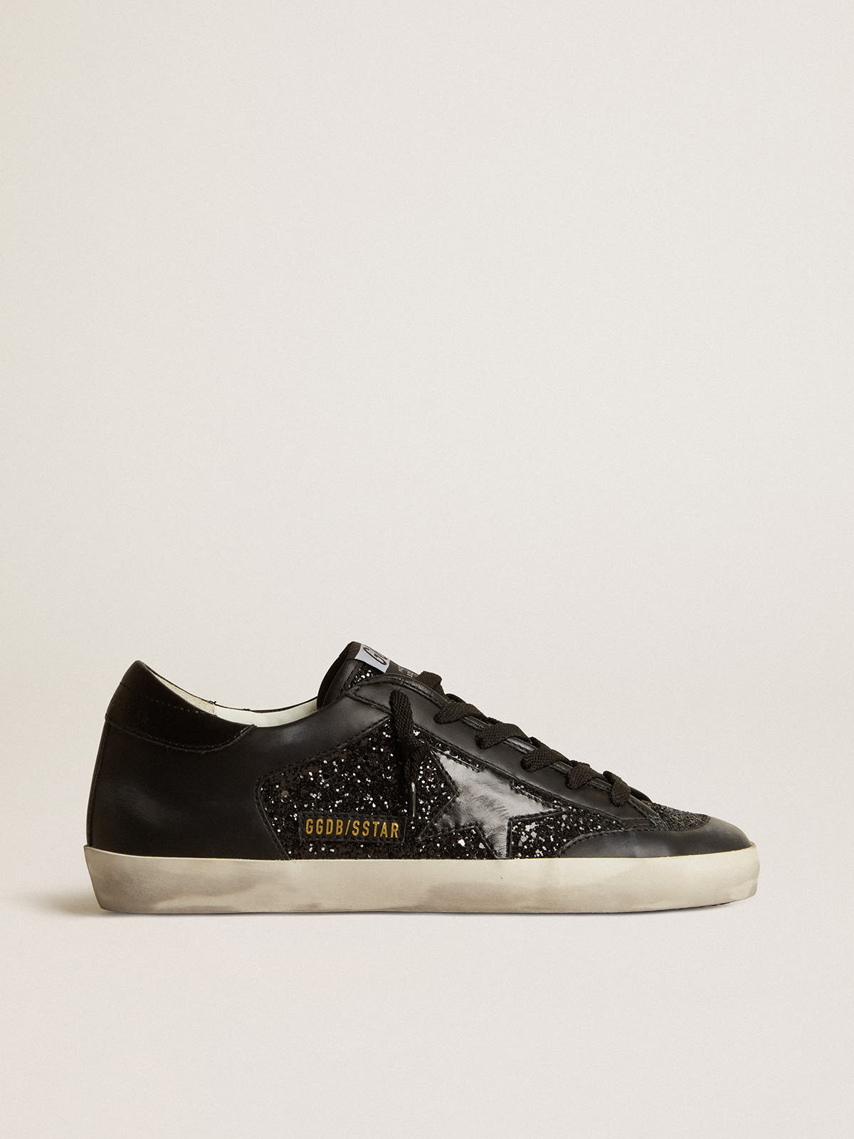 Golden Goose - Women's Super-Star in black nappa and glitter with glossy black leather star in 