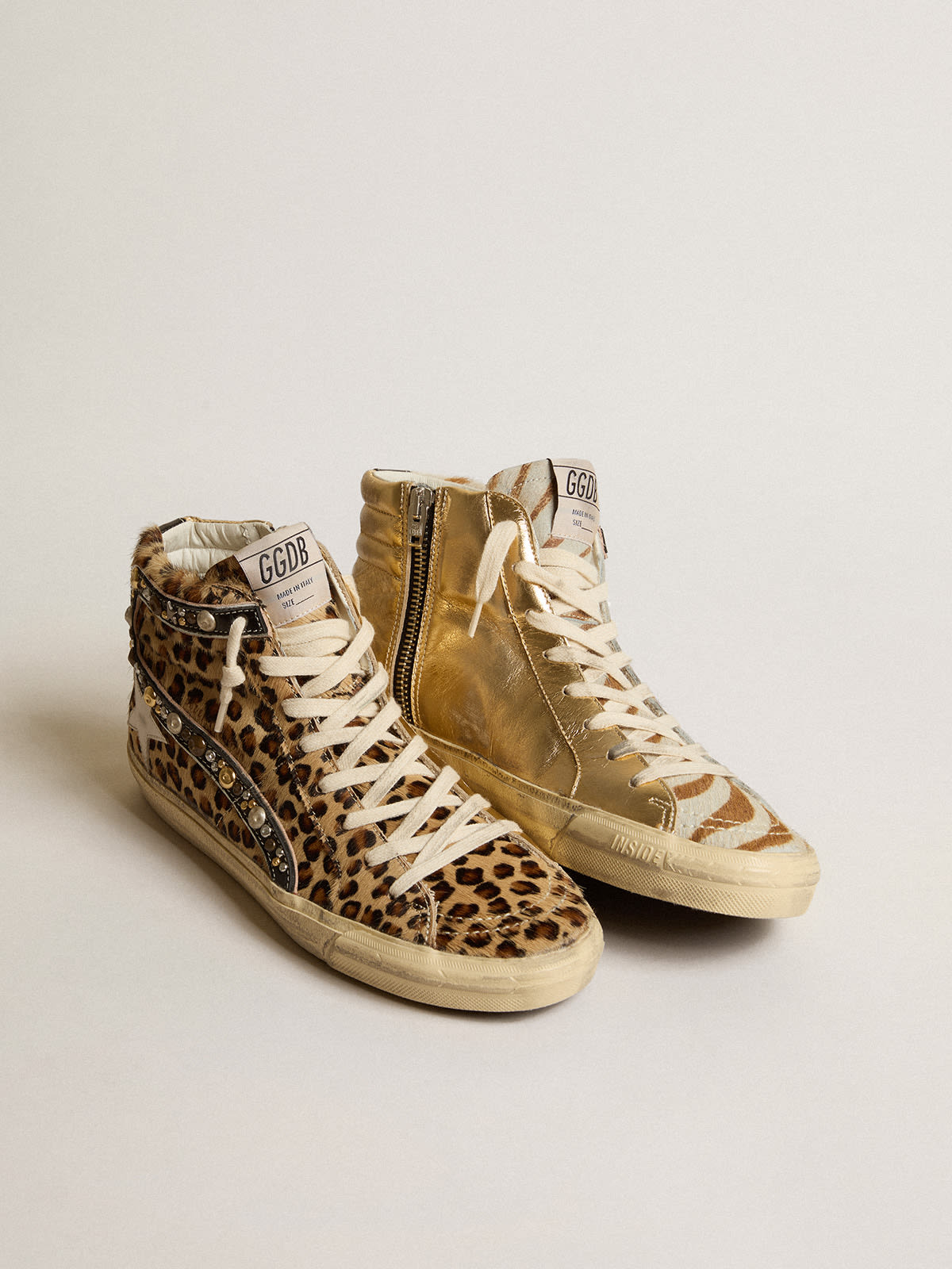 Golden Goose - Women’s Slide LAB in animal-print pony skin with studded leather flash in 