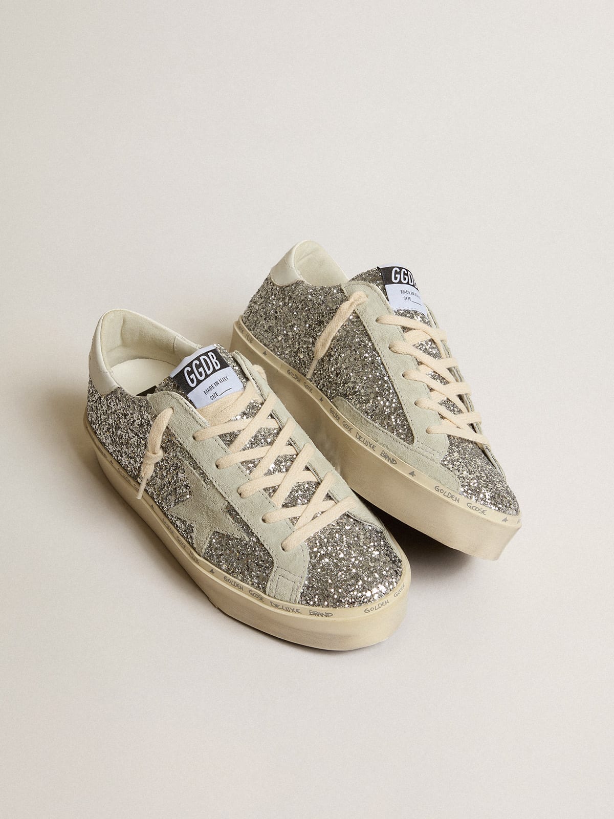 Golden Goose - Hi Star in silver glitter with suede star and white heel tab in 