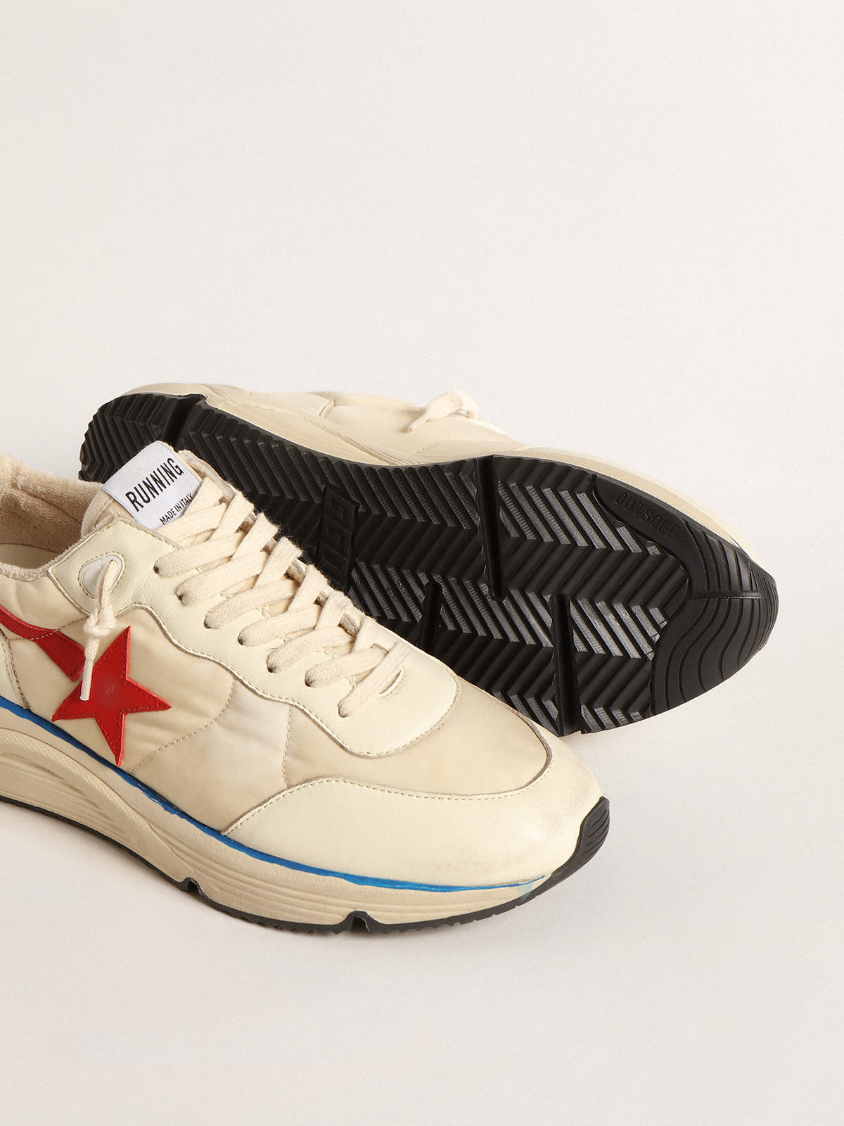 Golden Goose - Running Sole Uomo LTD in nylon beige con stella in pelle rossa in 