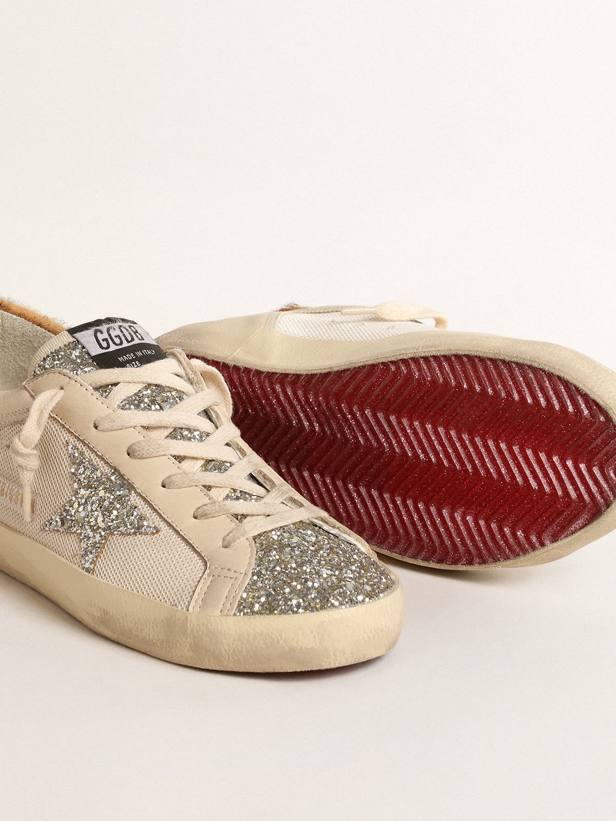 Golden Goose - Super-Star in cream mesh with glitter star and leopard heel tab in 