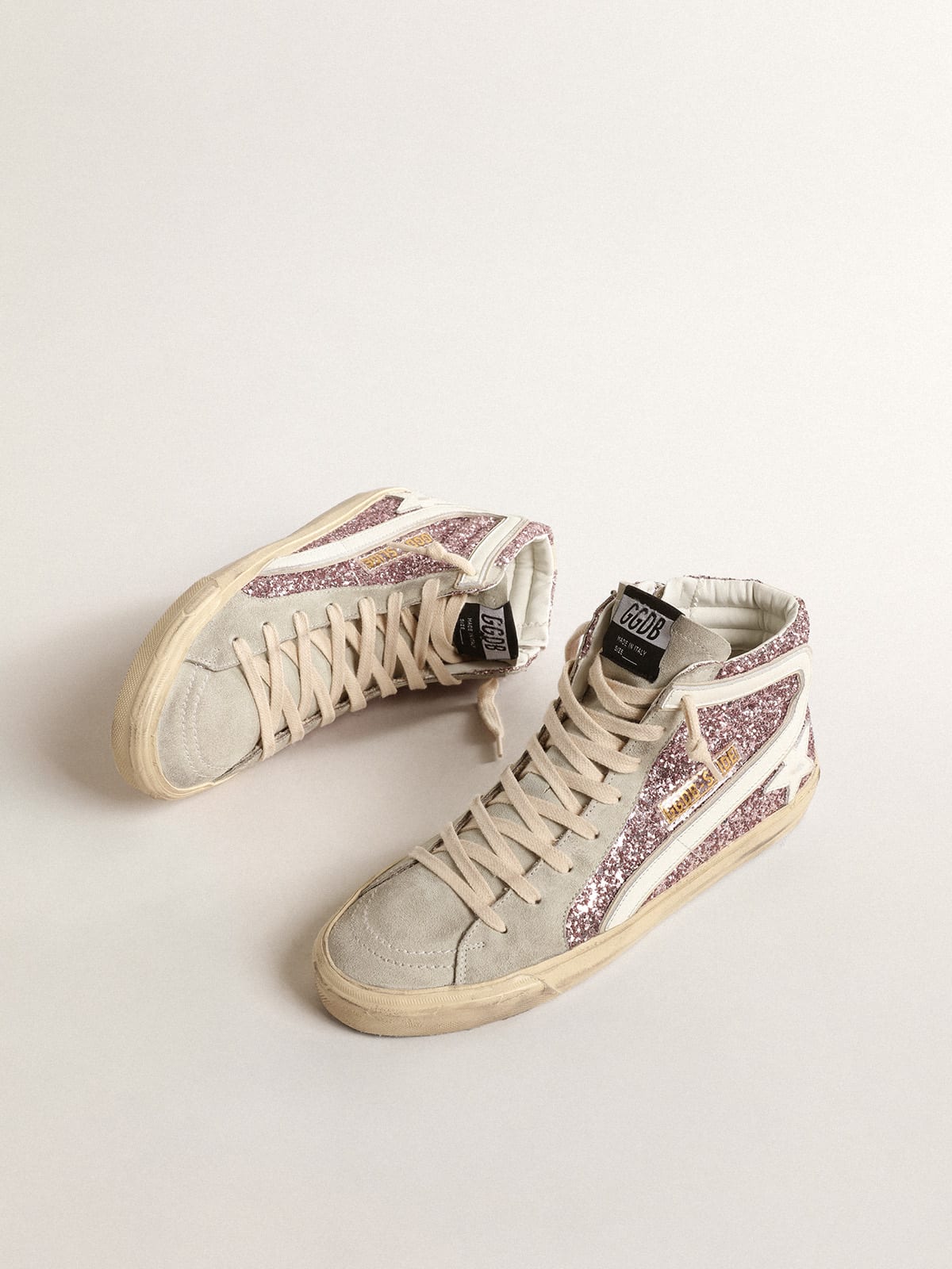 Golden Goose - Slide in lilac glitter with white leather star and flash in 