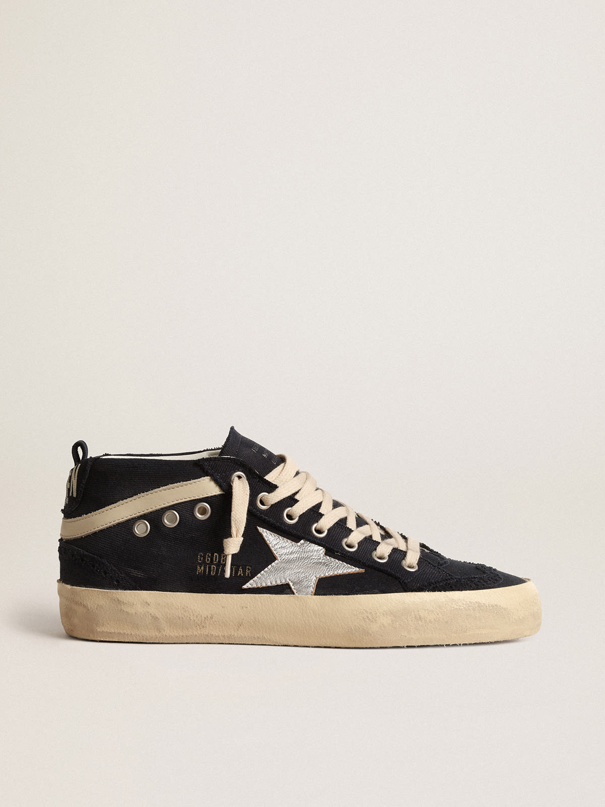 Golden Goose - Mid Star in blue cotton with silver star and leather flash in 