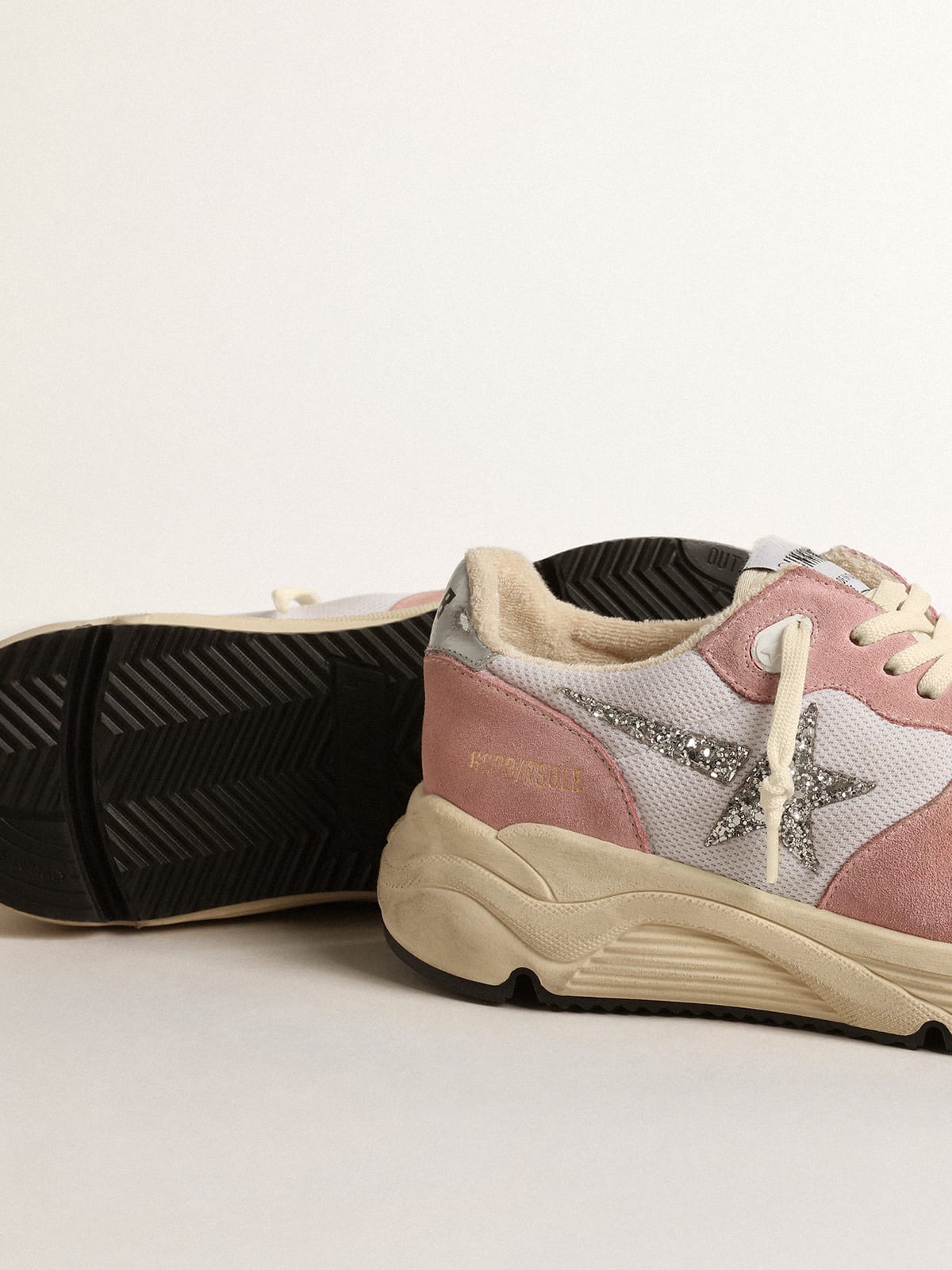Golden Goose - Running Sole in gray mesh and suede with silver glitter star in 