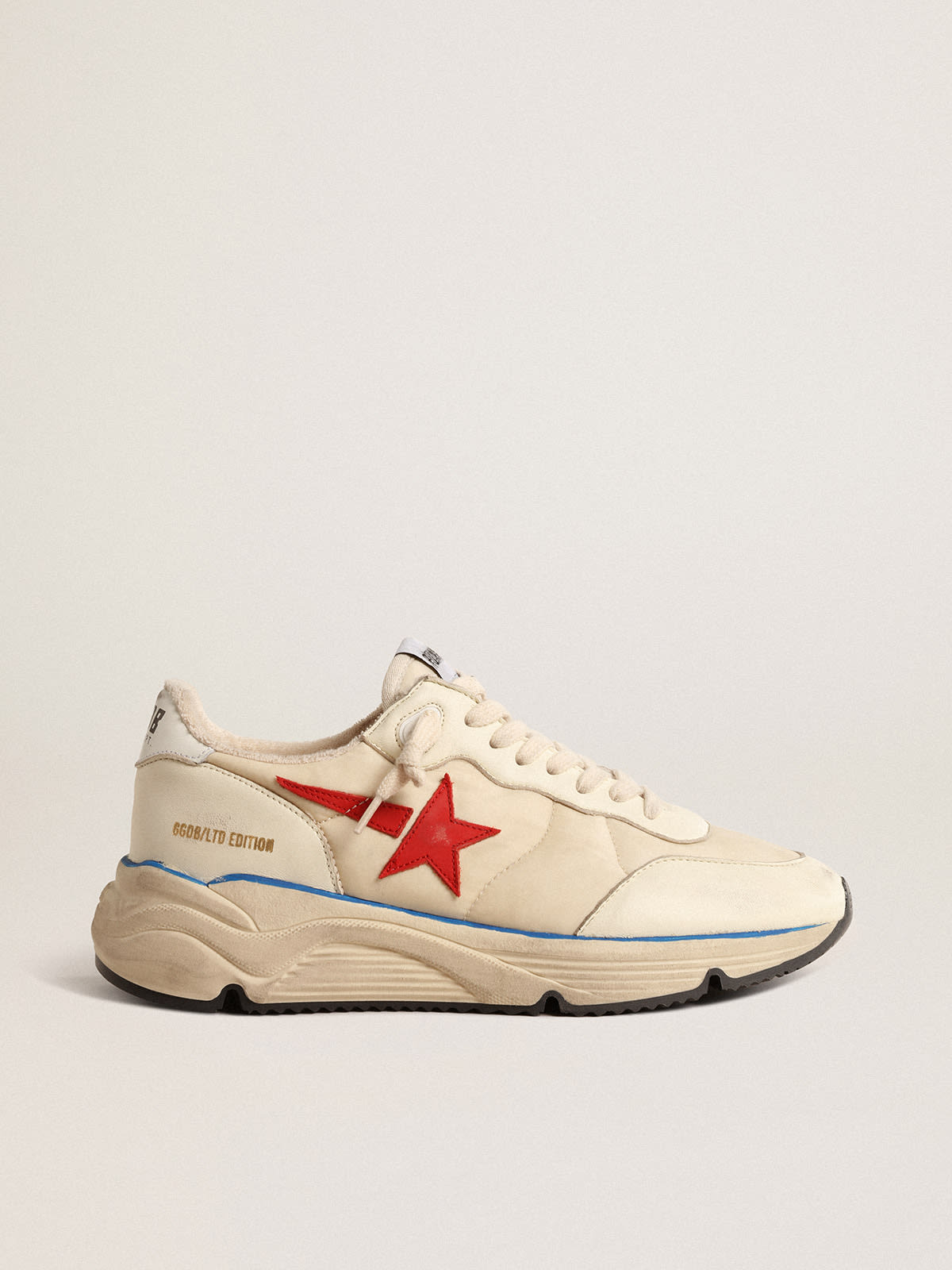 Women\'s Running Sole LTD in beige nylon with red leather star | Golden Goose