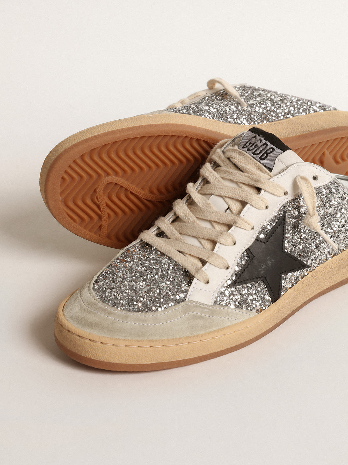 Golden Goose - Ball Star Sabots in silver glitter with black leather star in 