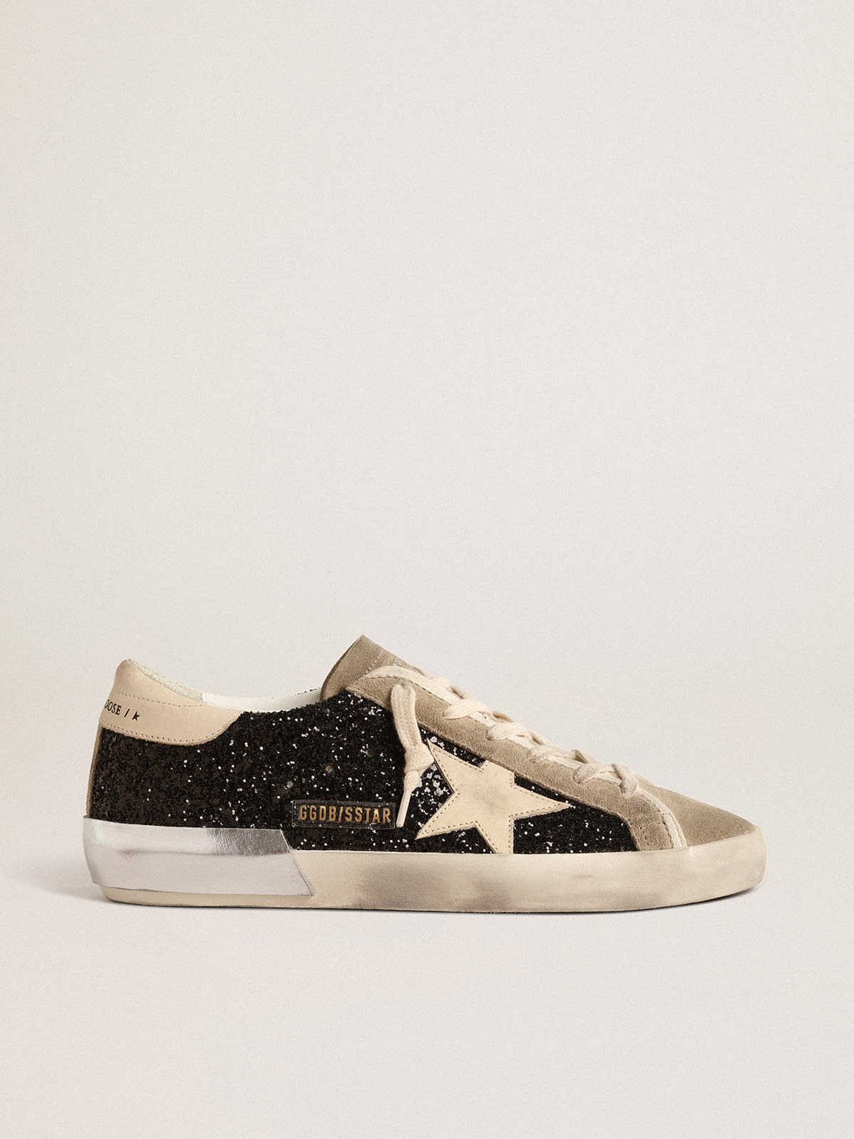 Super-Star in black glitter with cream star and suede inserts | Golden ...