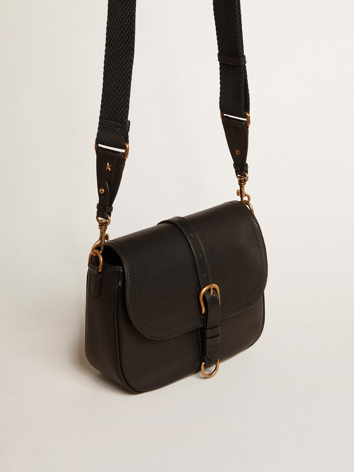 Medium Sally Bag in black leather with buckle and shoulder strap