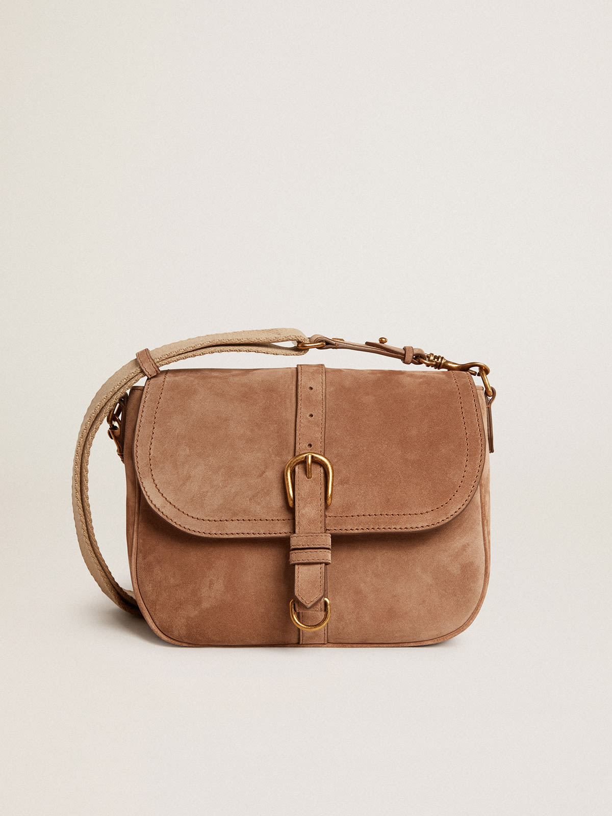 Golden Goose - Medium Sally Bag in ash-colored suede with contrasting buckle and shoulder strap in 