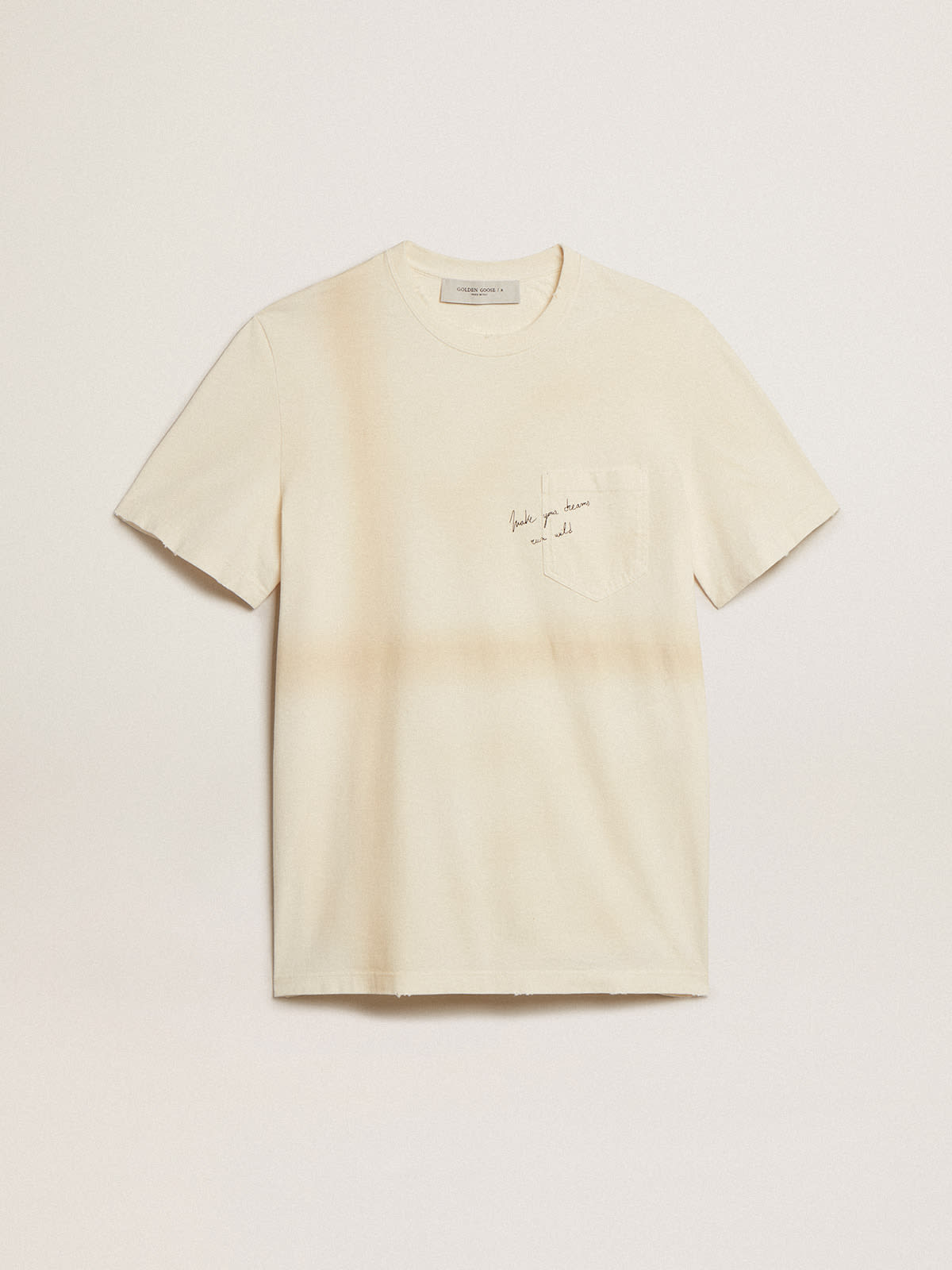 Golden Goose - Aged white cotton T-shirt with lettering on the pocket in 