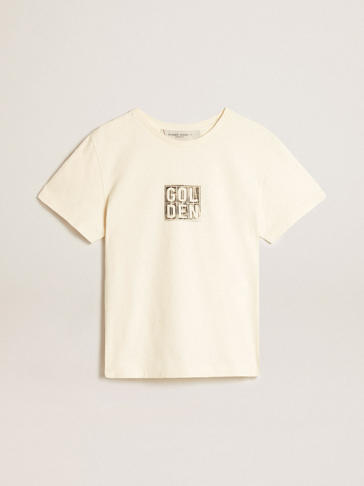 Golden Goose - T-shirt en coton blanc vieilli avec imprimé sur le devant in 
