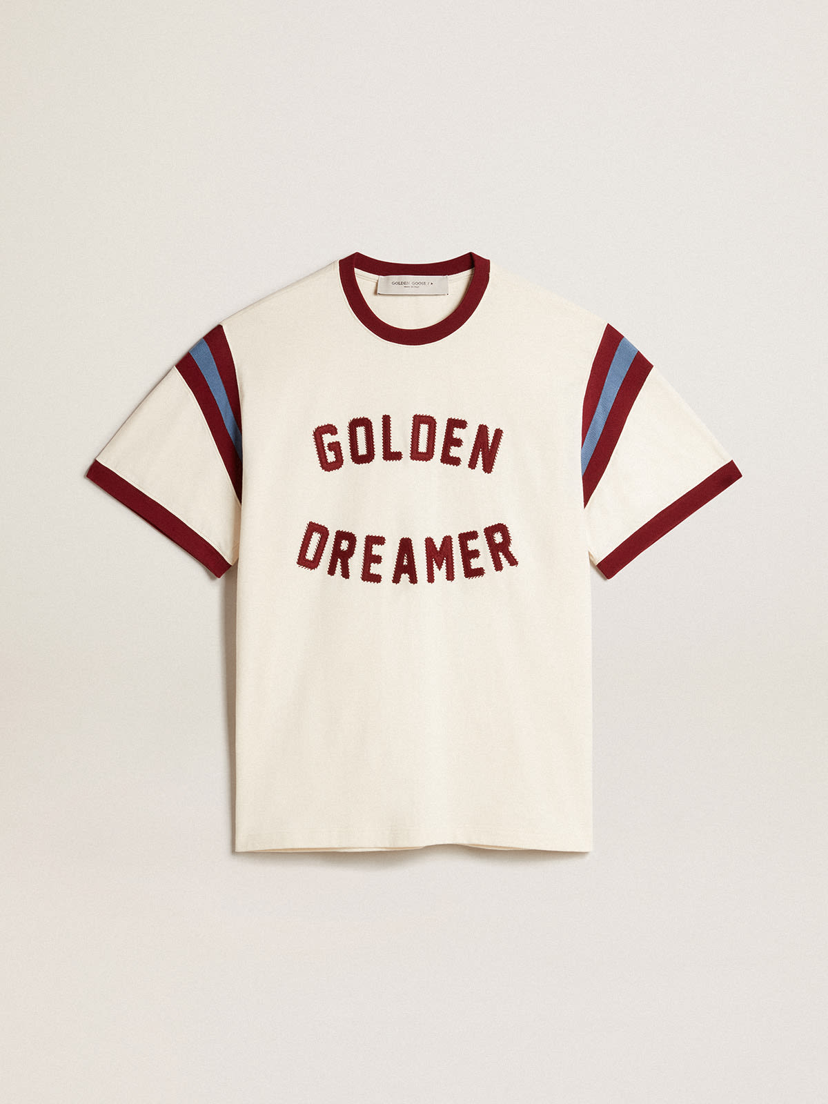 Men's white T-shirt with burgundy lettering on the front | Golden