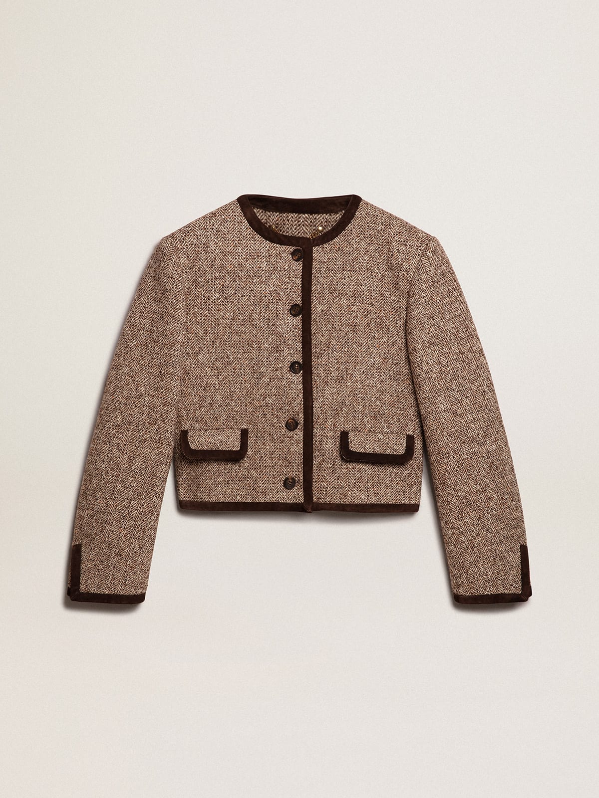 Cropped Wool Blend Boucle Jacket, Black Cream Glitter