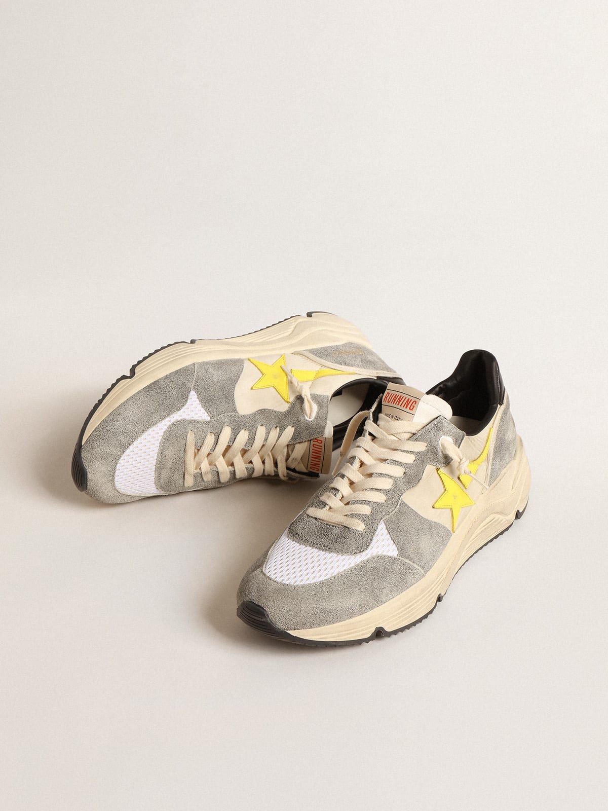 Golden Goose - Running Sole in beige nylon and gray suede with yellow star in 