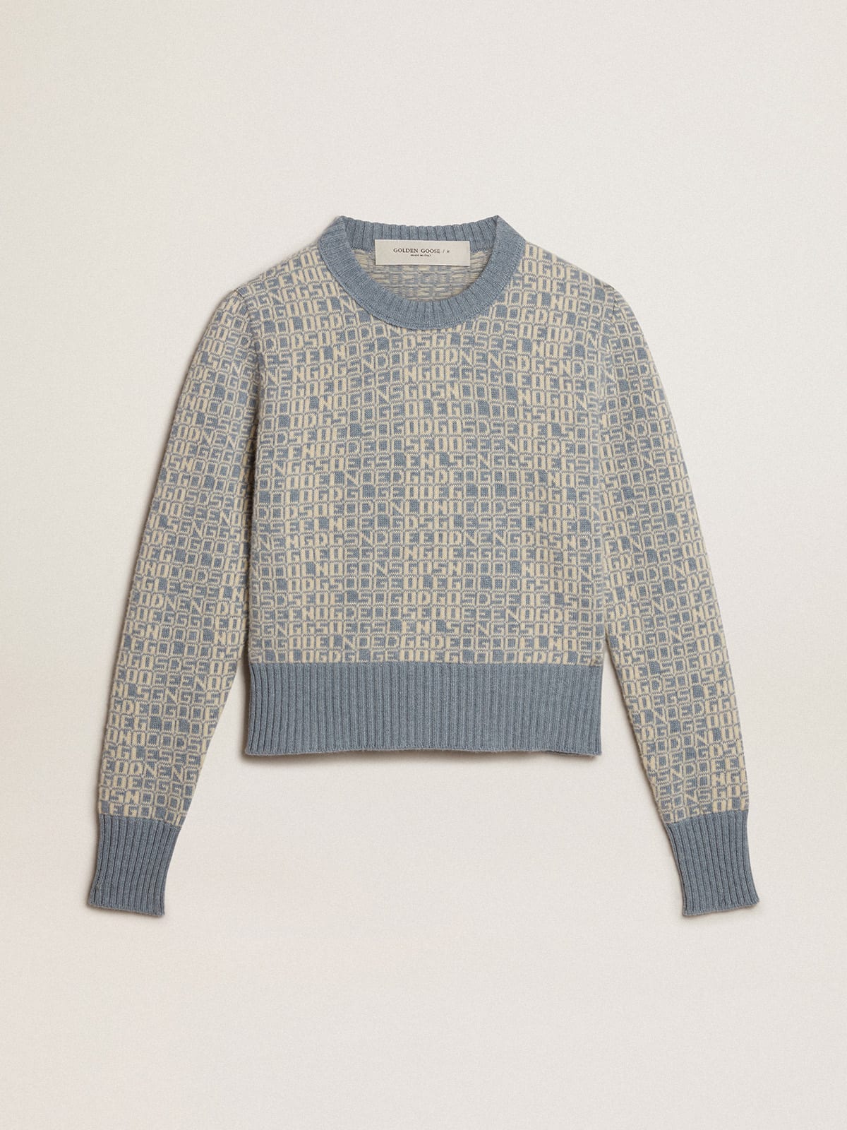 Golden Goose - Cropped round-neck sweater with light blue jacquard lettering motif in 