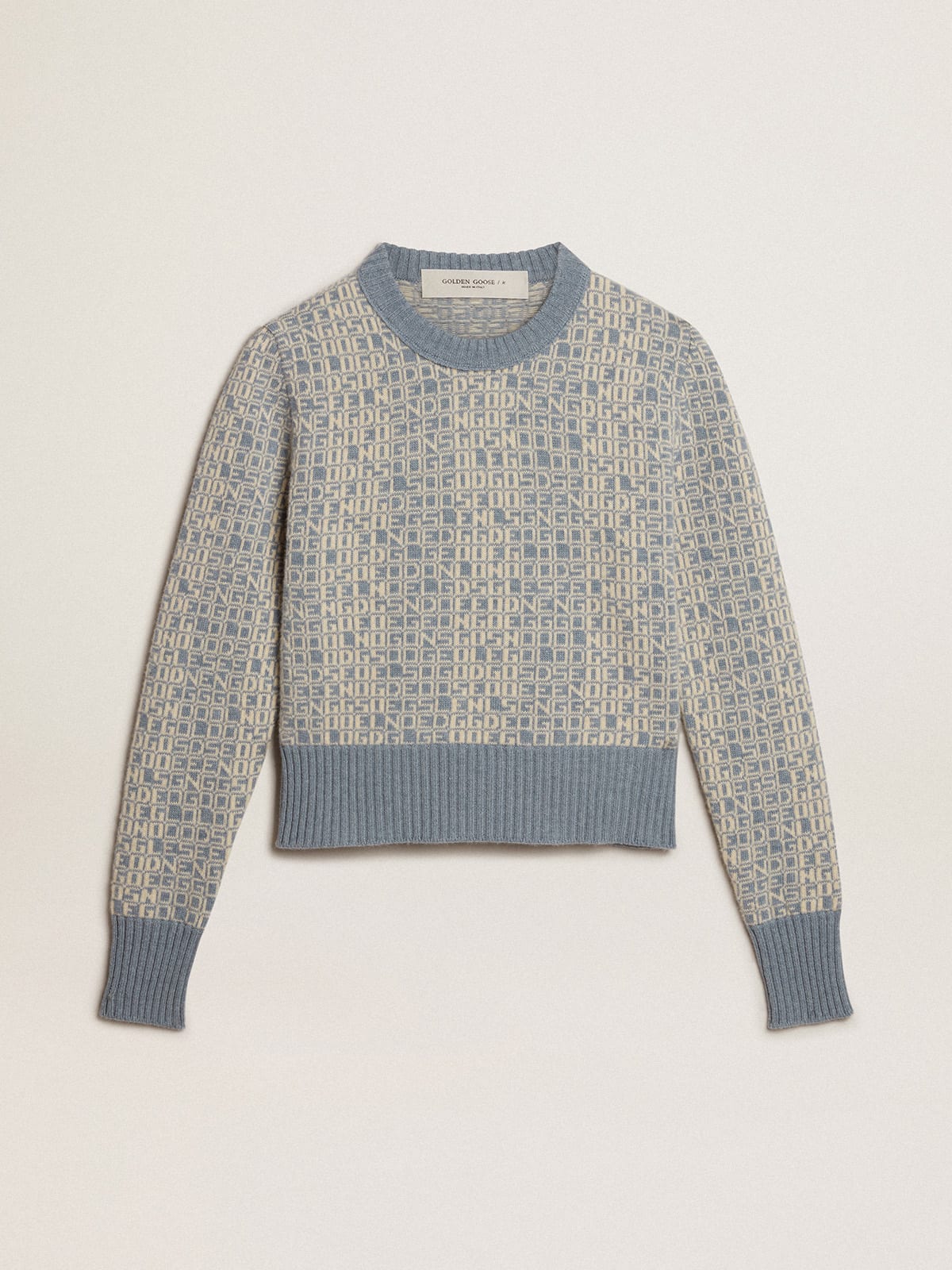 Round-neck sweater with olive-green jacquard lettering motif