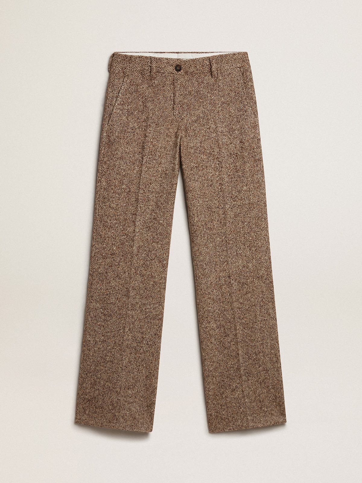 Women’s pants in beige and brown wool and silk blend fabric