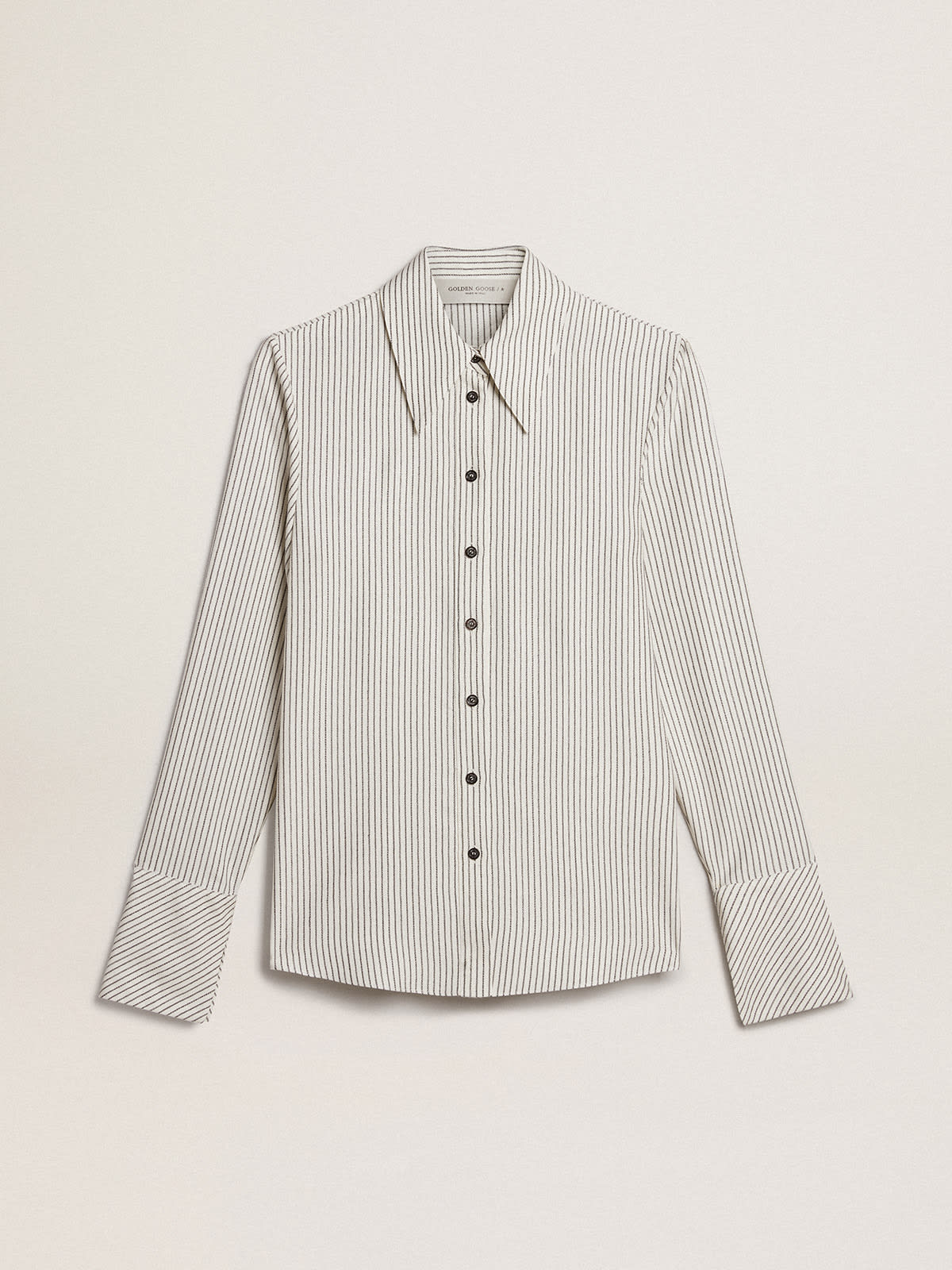 Women's white viscose shirt with narrow black stripes