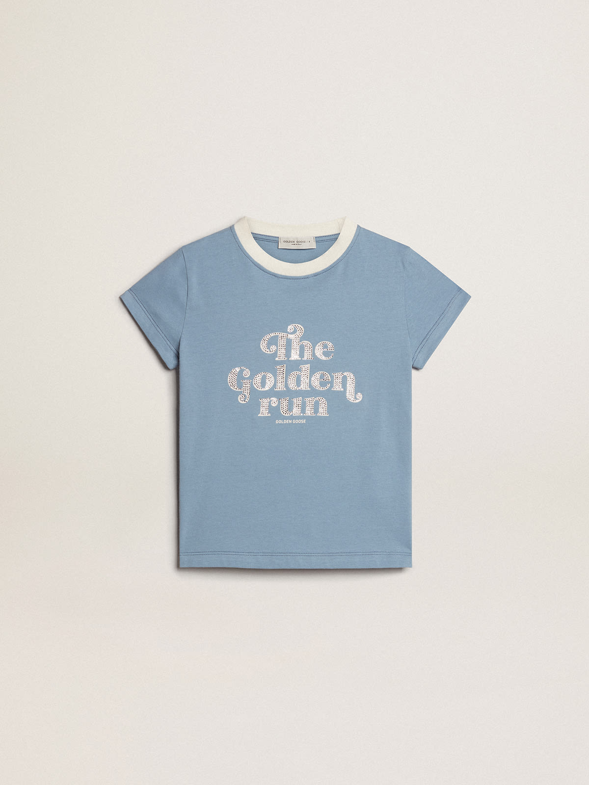 Golden Goose - Hellblaues Mädchen-T-Shirt aus Baumwolle mit kristallbesetztem Print in 