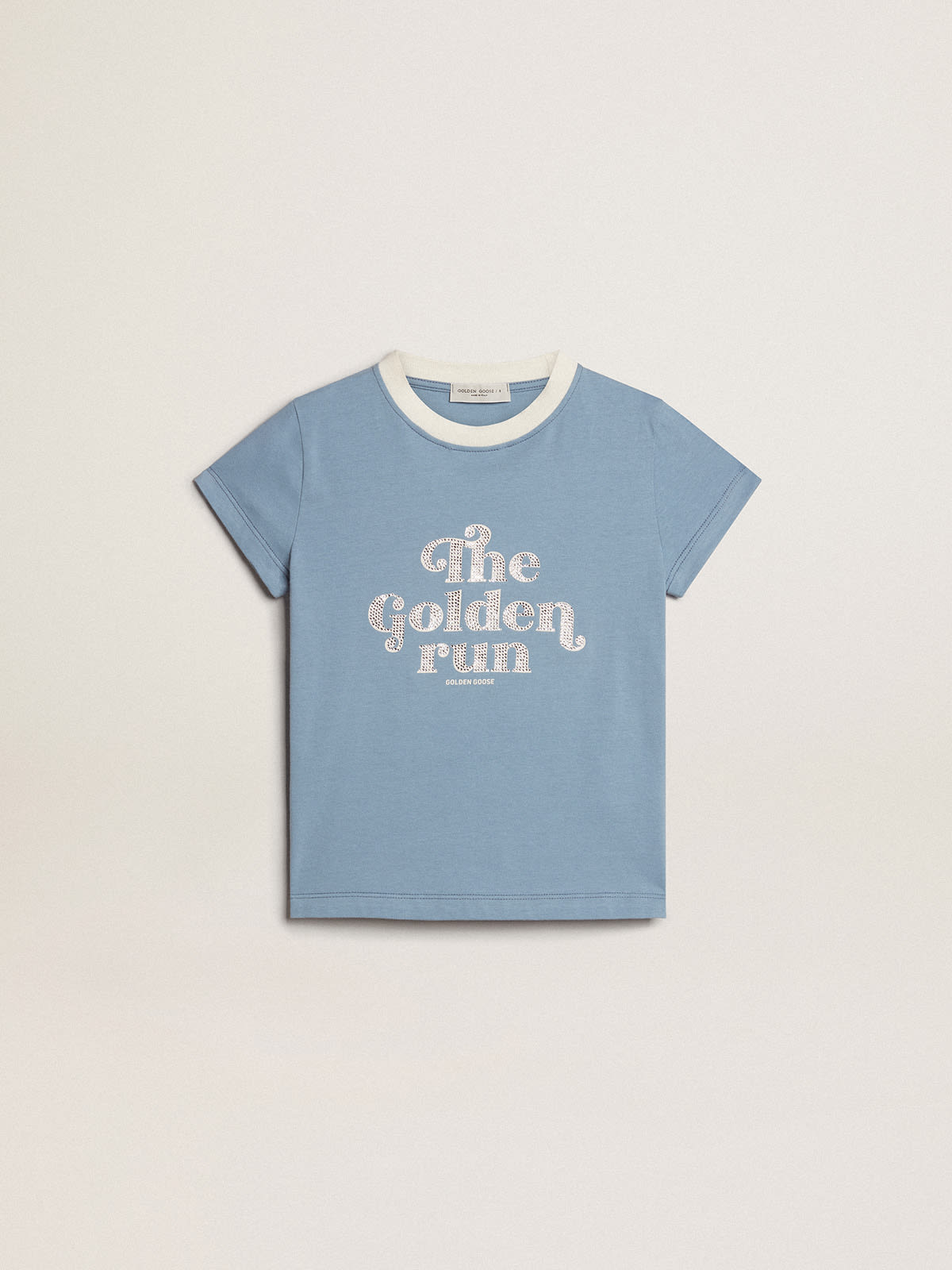 Golden Goose - Girls’ light blue cotton T-shirt with print and crystals in 