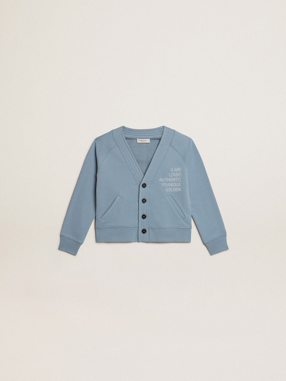 Golden Goose - Girls’ light blue cotton cardigan with beaded lettering in 